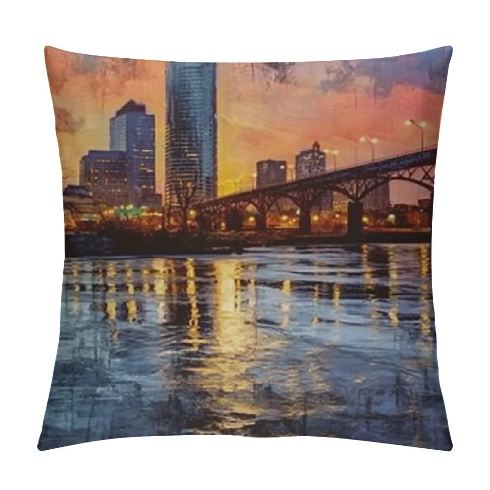 Heduofu Decorative Throw Pillow Cushion Covers for Sofa Scene USA Downtown Skyline On James Va Landmarks Parks Skyscrapers Outdoor Dusk Linen Couch Square Pillow Cases White