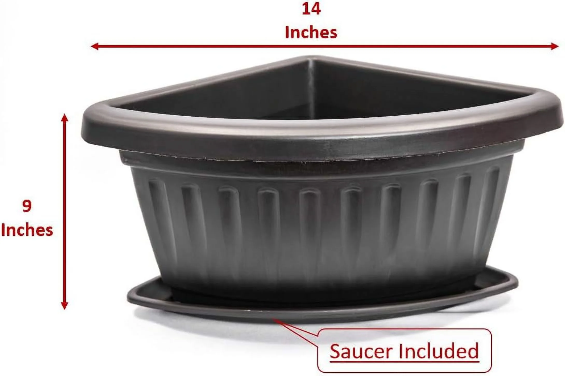 2 Large Corner Triangle Planters with 2 Matching Saucers Fancy Heavy Duty Plastic for Indoor Outdoor Garden Patio Office and Home Decor (Black)