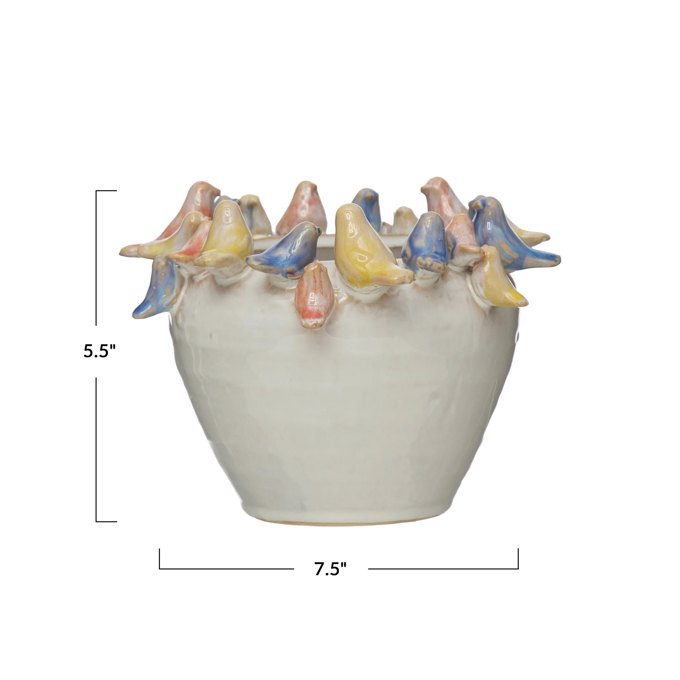 Creative Co-Op Decorative Stoneware Planter with Birds on Rim and Reactive Glaze, Multicolor