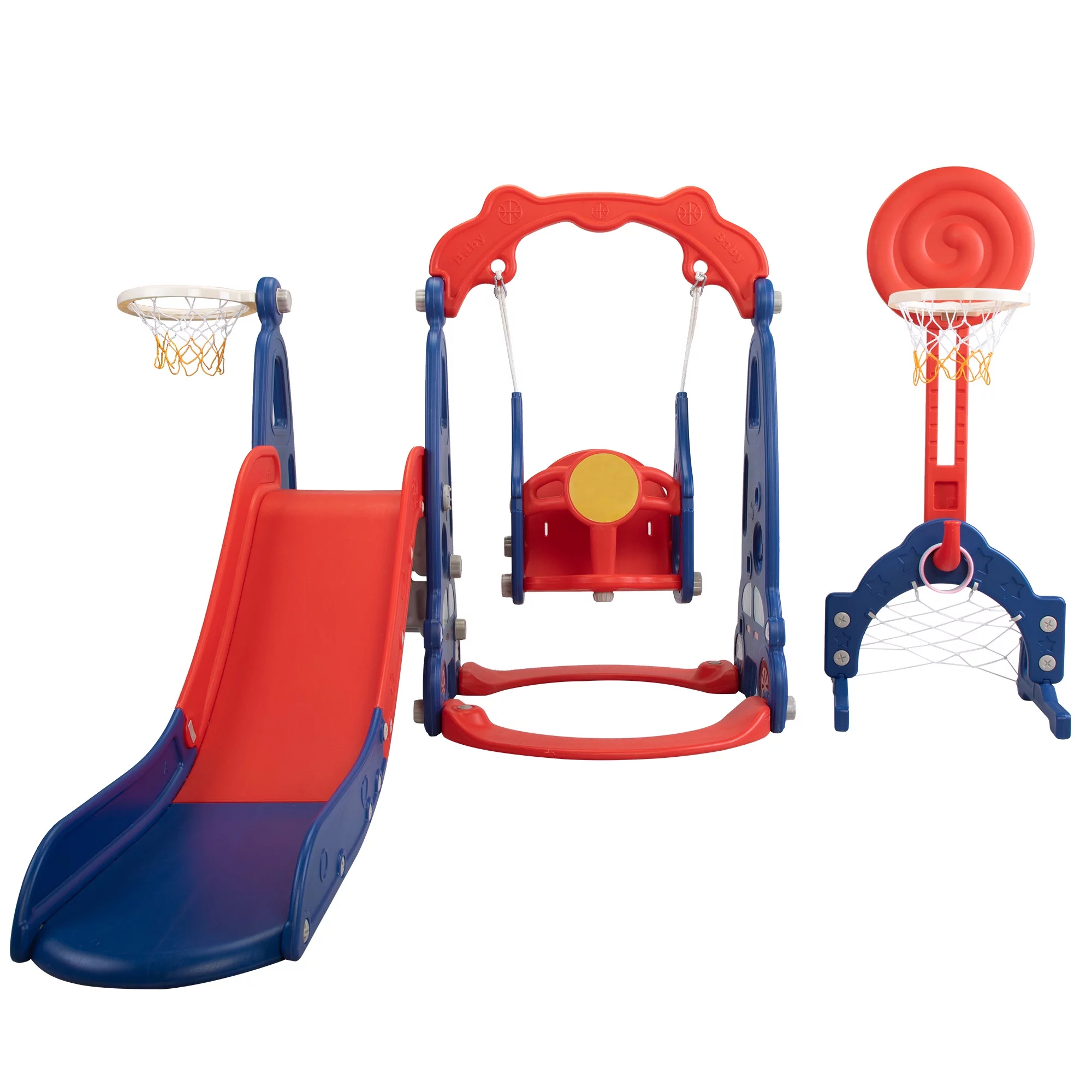 Track 7 5-in-1 Slide and Swing Playing Set,Toddler Extra-Long Slide with 2 Basketball Hoops,Football,Ringtoss,Indoor Outdoor,Age 1+