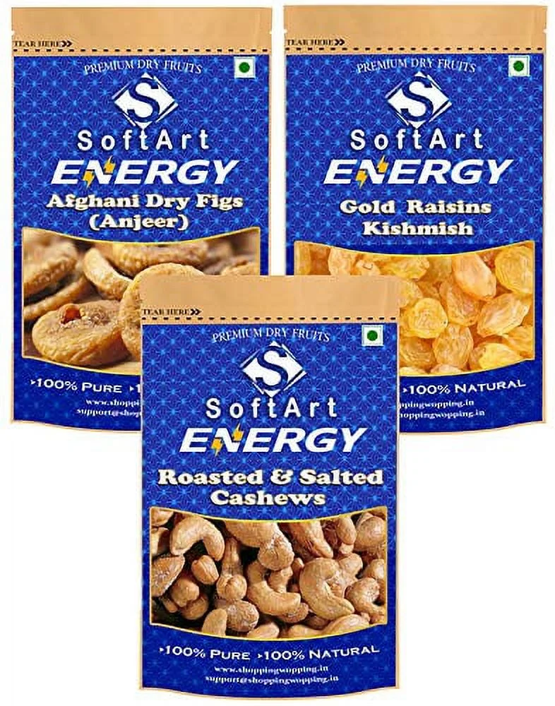 Softart Energy Afghani Dry Figs (Anjeer),Gold Kishmish (Gold Raisins) & Roasted & Salted Cashew (250G Each) Vacuum Pack