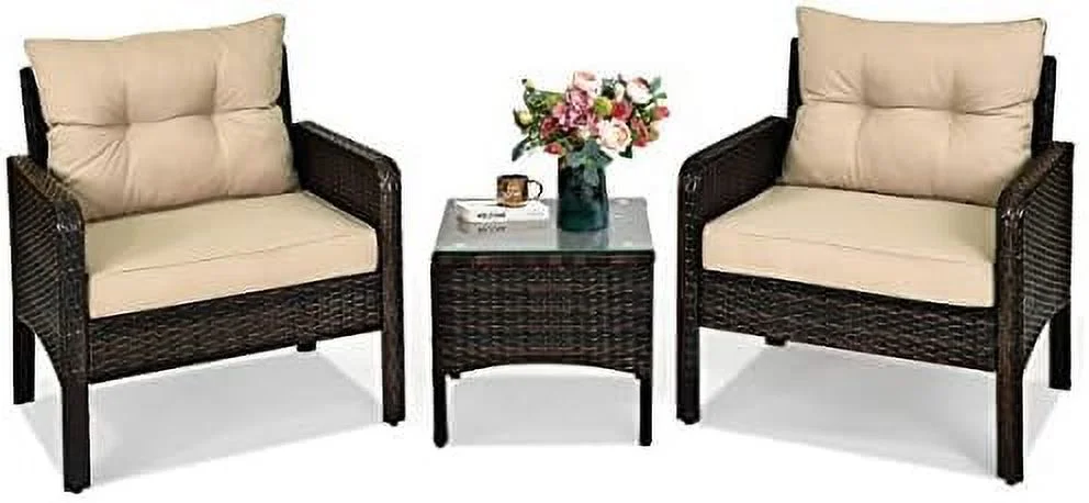 TJCGDTY 3 Pieces Patio  Set Outdoor Rattan Wicker Coffee Table & Chairs Set with Seat Cushions Patio Conversation Set for Garden Balcony Backyard Poolside