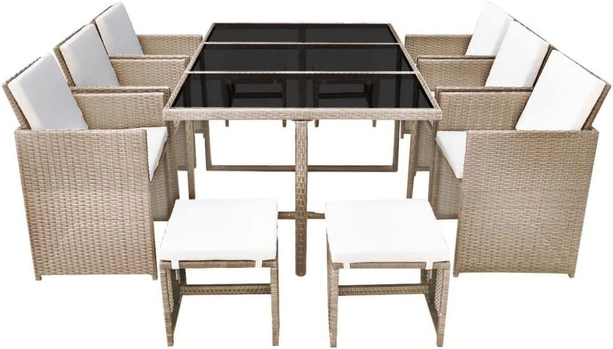 11 Piece Patio Dining Set with Cushions Poly Rattan Beige  with 1 x Table 6 x Chair 4 x Stool 16 x Cushion