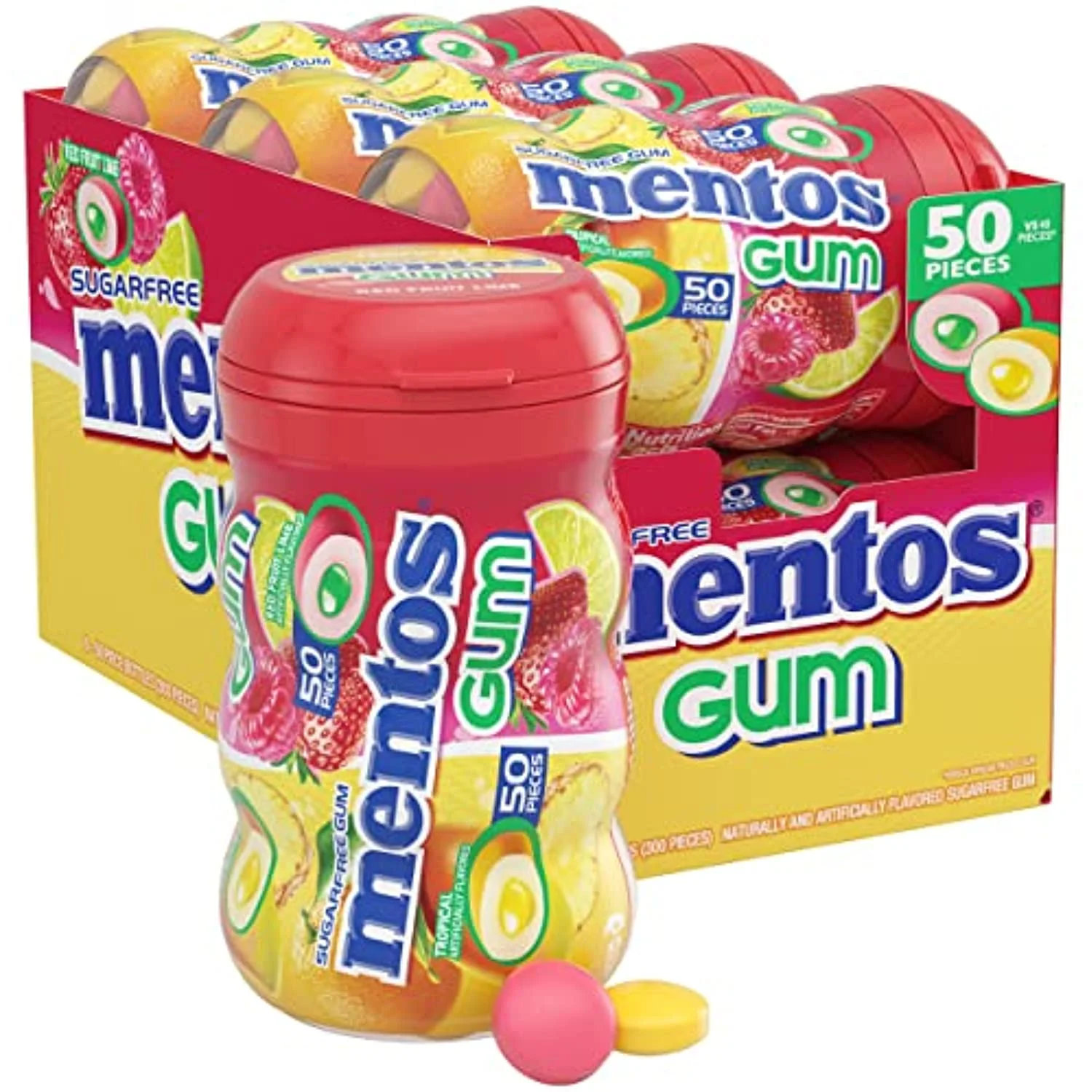 Mentos Sugar-Free Chewing Gum, Tropical, Red Fruit And Lime, 50 Piece Bottle (Pack Of 6 Bottles)