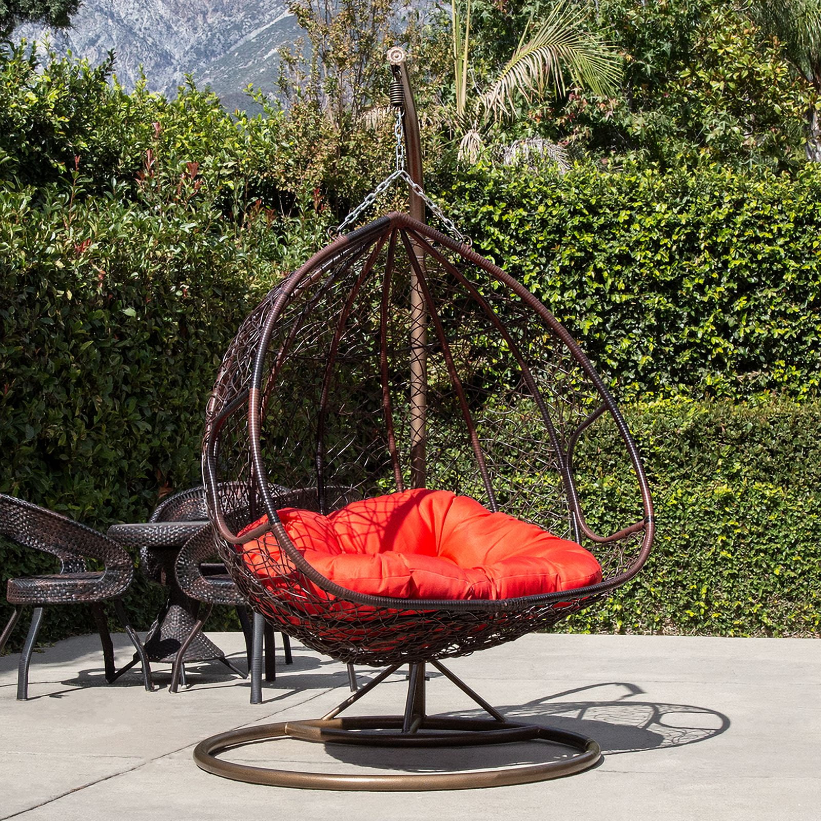 Double Seats Outdoor Wicker Swing with Red Cushion & Frame Outdoor Wicker Seating