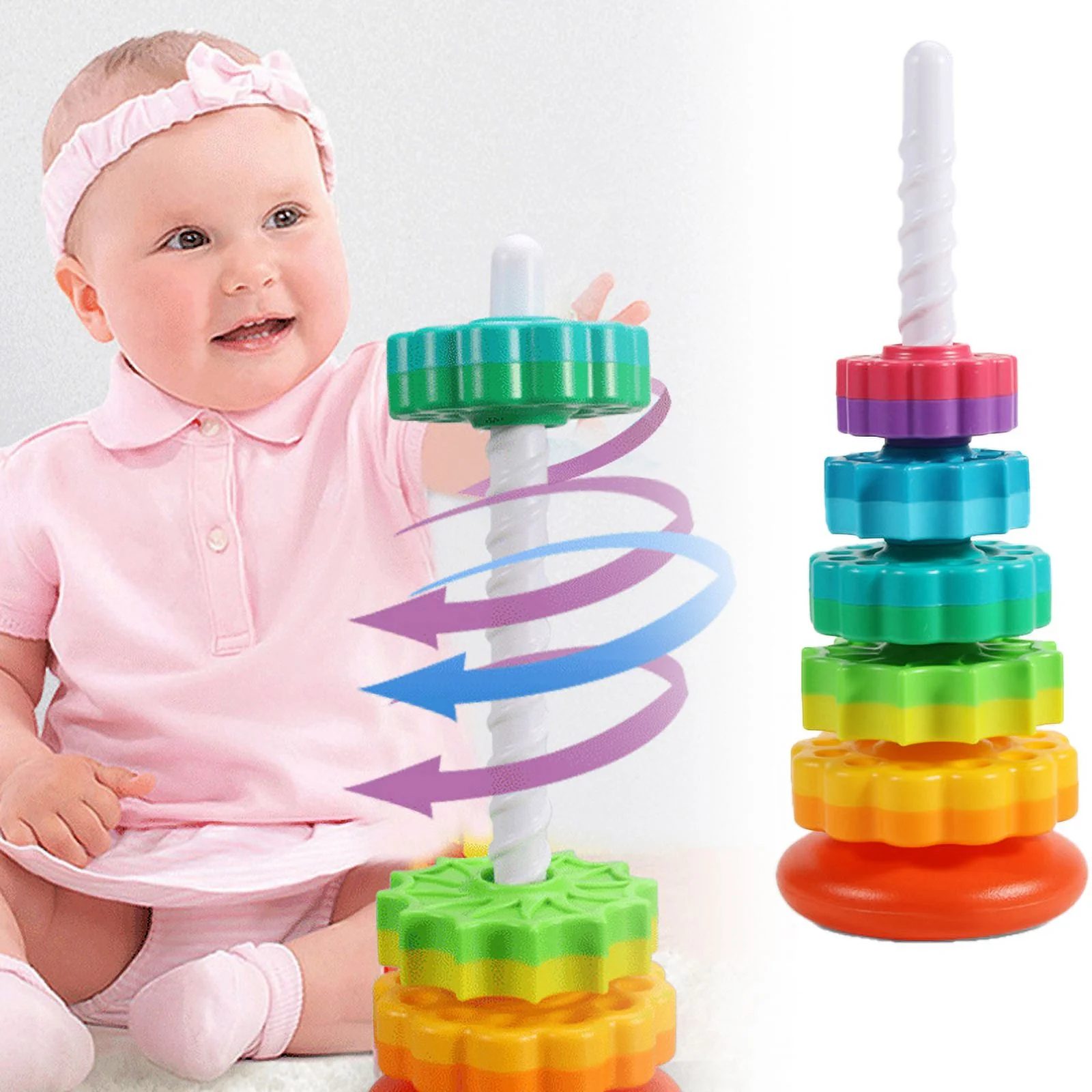 Colourful Gears Stacking Rings Toy Spinning Stacker Smooth for Preschool Baby, 5 Rounds