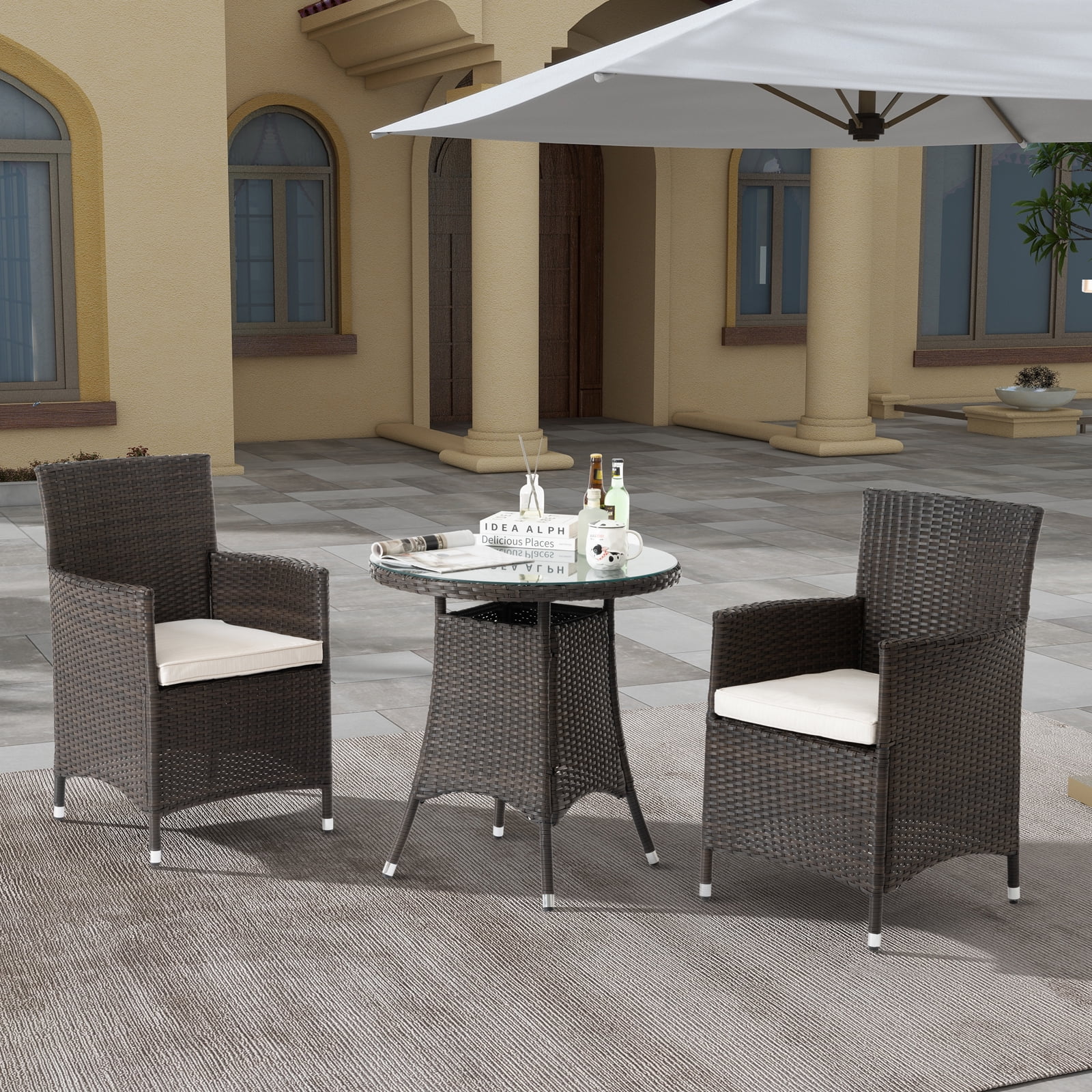 3 Piece Outdoor Dining Set All-Weather Wicker Patio Dining Table and Chairs with Cushions, Round Tempered Glass Tabletop for Patio Backyard Porch Garden Poolside