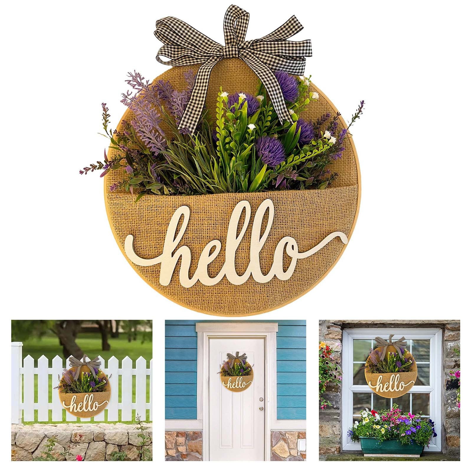 YHAIOGS Welcome Sign for Front Door Farmhouse Porch Decor Outdoor Spring Summer Embroidery Hoop Pocket Wreath Spring Summer Lavender Burlap Wall Hanger Wreath with Burlap Pockets for