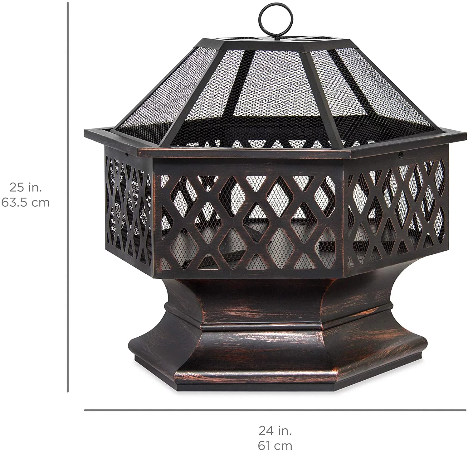 Hex-Shaped 24in Steel Fire Pit, Black Metal Wood Burning Firepit, Portable Hexagon Fire Bowl for Outside, Patio, Backyard w/Flame-Retardant Mesh Lid