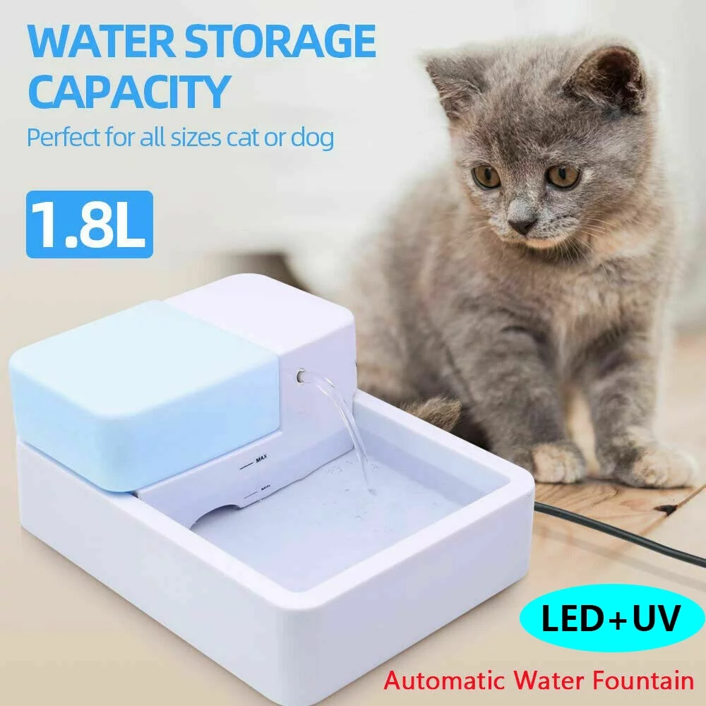 SHANNA 1.8L Automatic Pet Water Fountain Dogs Cats Drinking Bowl Water Dispenser with LED Light +UV Function