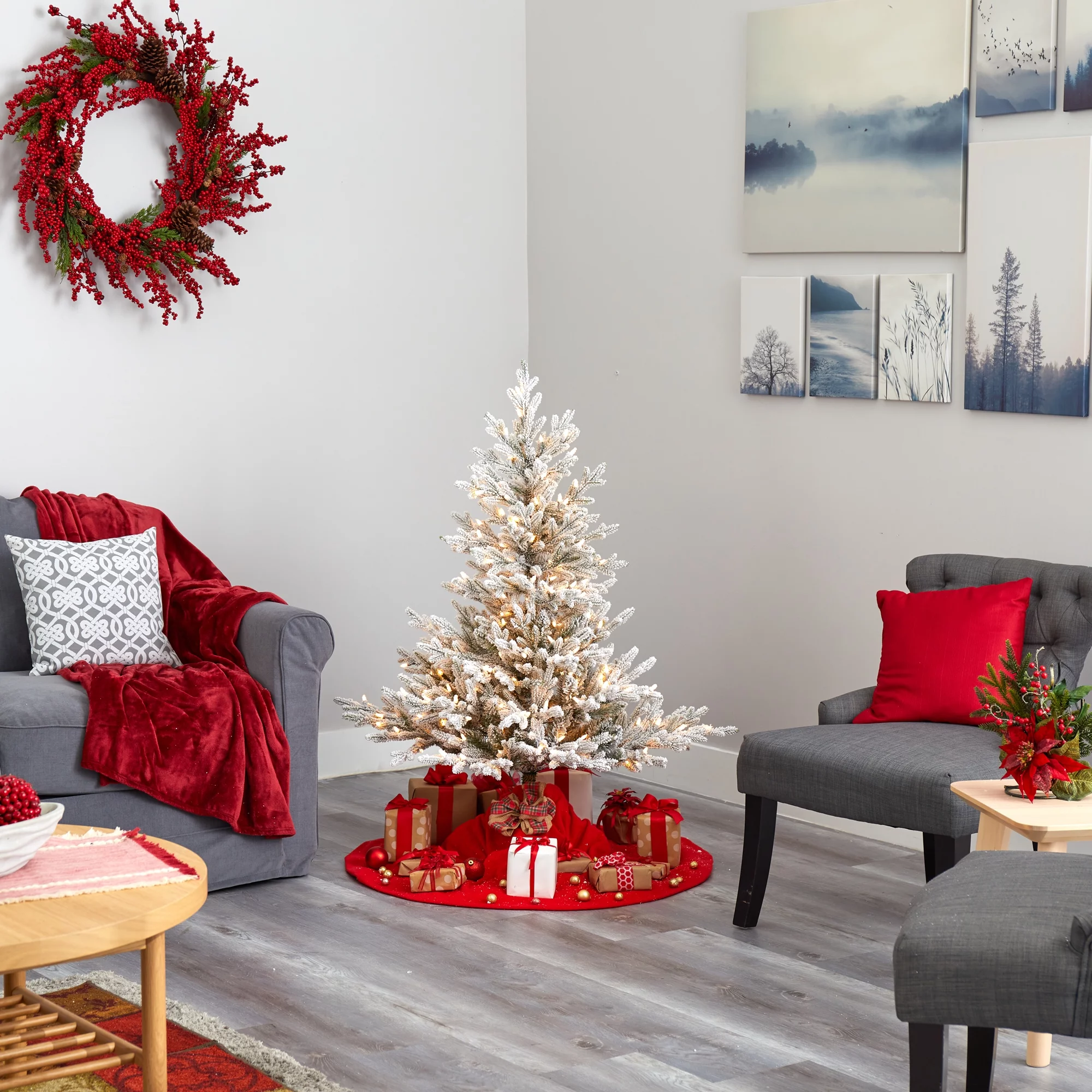 Nearly Natural 4' Green Fraser Fir Flocked Artificial Christmas Tree Prelit 300 Warm White Lights