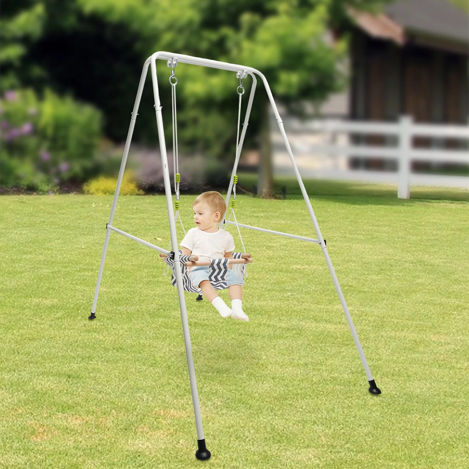 Baby Swing Set for Home Backyard, Outdoor Swing Stand Infant Kids A-Frame Metal Stand W/ Seat White