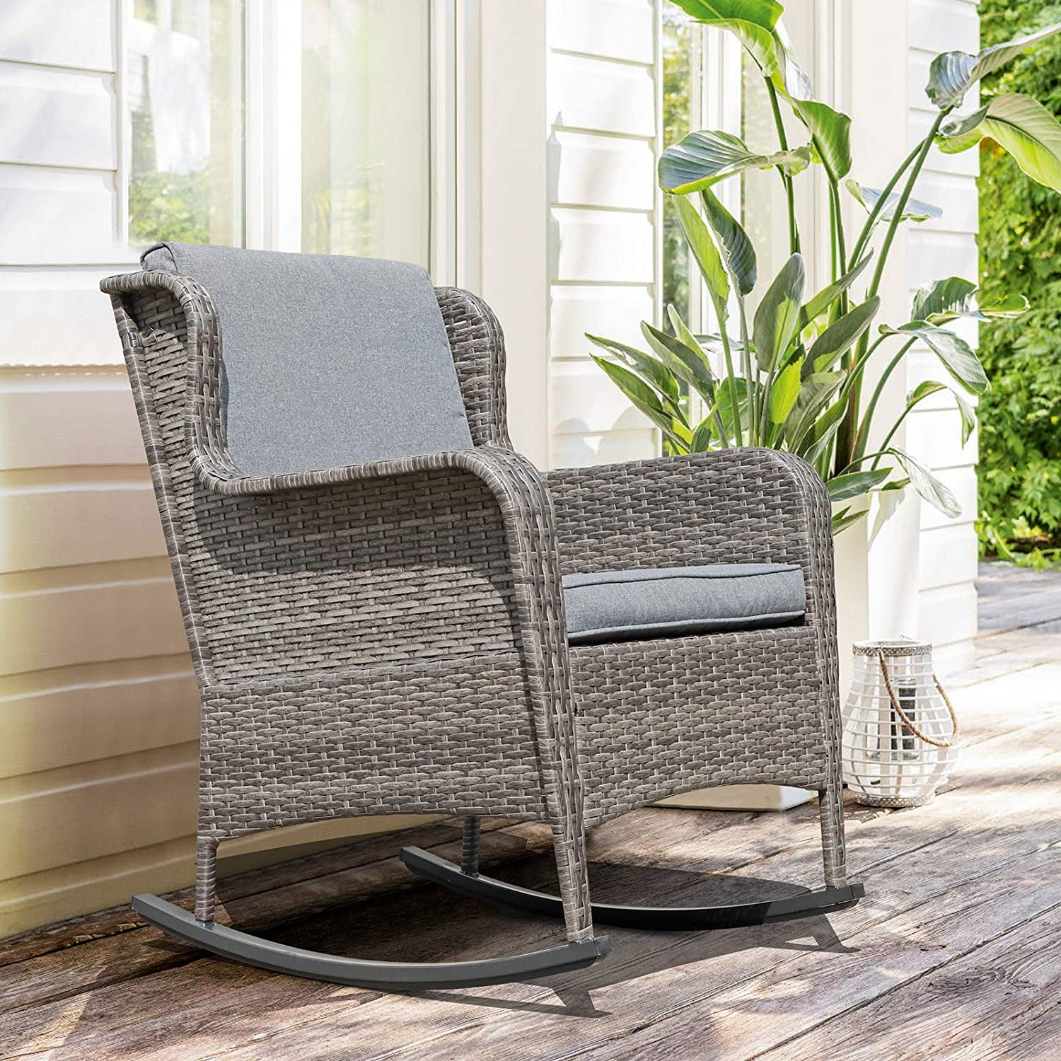 Dina Outdoor Resin Wicker Rocking Chair with Cushions  Patio Yard Furniture Club Rocker Chair  Gray Wicker & Gray Cushions