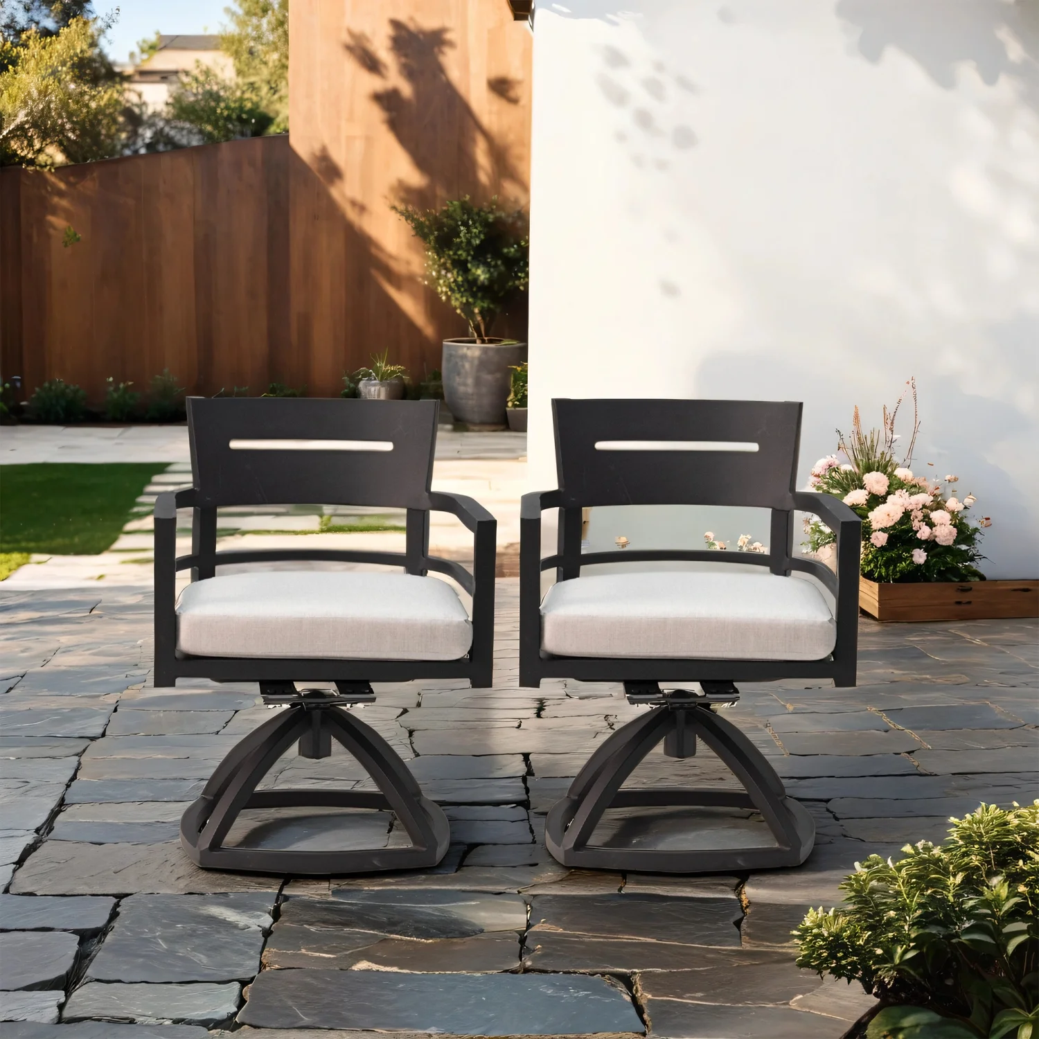 Set of 2 Stylish and Comfortable Ember Black Outdoor-grade Sunbrella Fabric Cushioned Aluminum Swivel Rocker Chairs for Relaxing in Outdoor Patio Setting