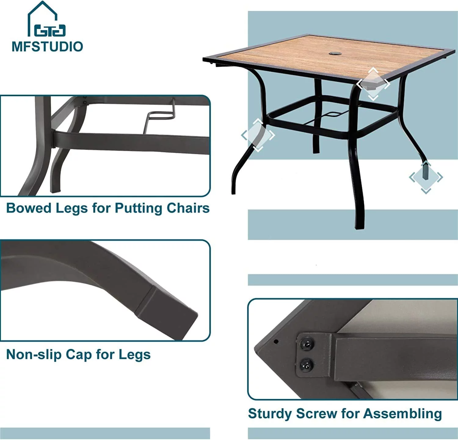 durable 6 Pieces Outdoor Dining Set with Umbrella  Patio Furniture Set with 4 Sling Dining Swivel Chairs 1 x 37 Wood-Like Table and 1 x 10ft 3 Tiers Umbrella (Beige)