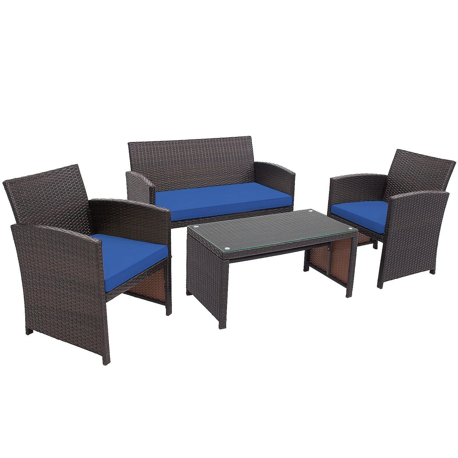 4PCS Patio Rattan Furniture Set Cushioned Chair Sofa Table
