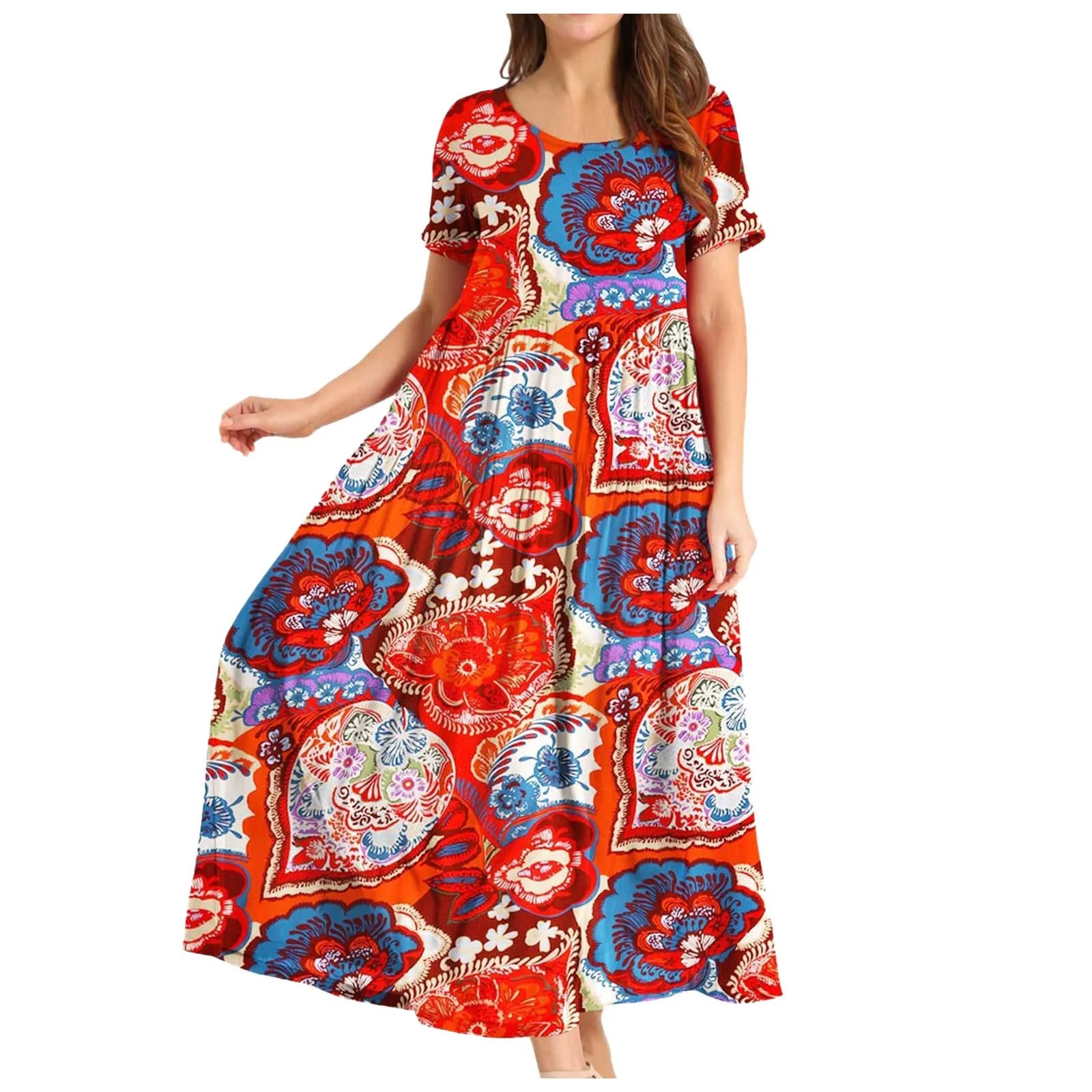 Winter Skater Skirt Women Casual Loose Bohemian Floral Dress With Pockets Short Sleeve Long Maxi Summer Beach Swing Dress Skirt Shorts For Women Denim