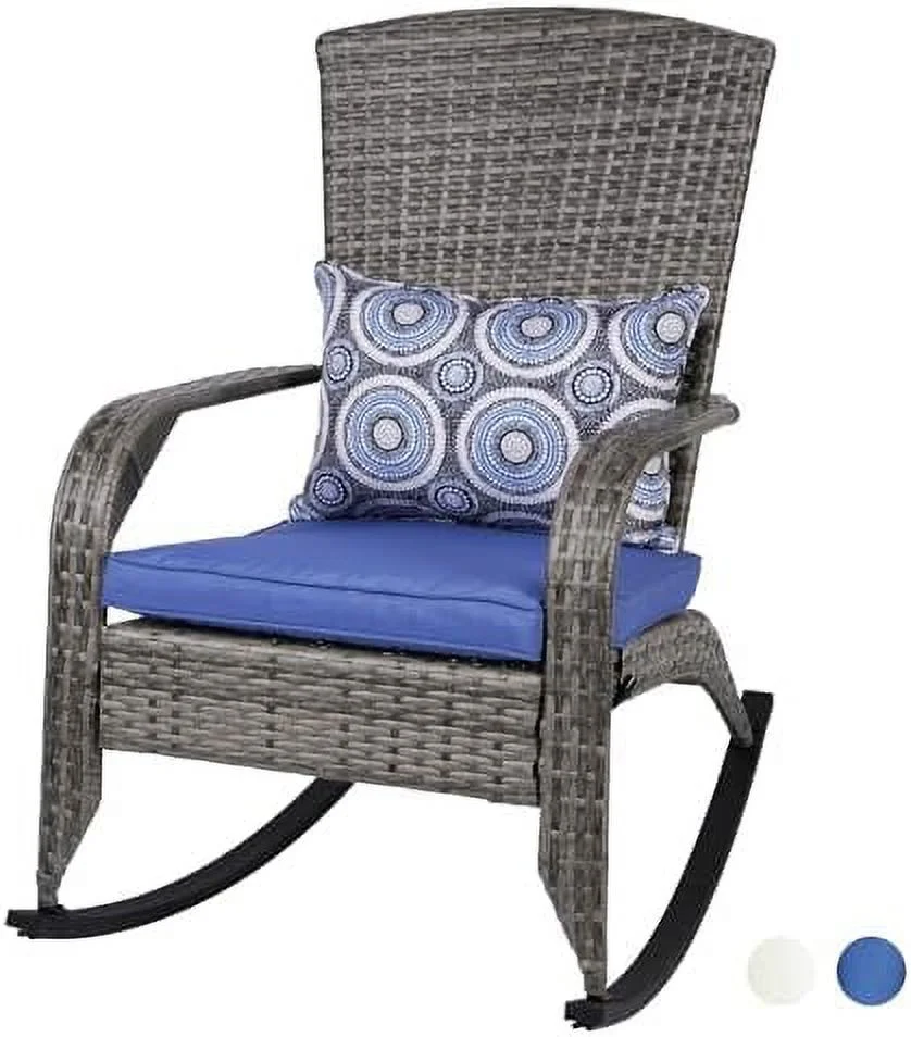 CHIOPKM Patio Rocking Chair- Wicker Rocking Chairs Outdoor with Cushions and Pillow  All-Weather Outdoor Rocker Chair with 2 Replaceable Cushion Covers (White & Blue) 350lbs