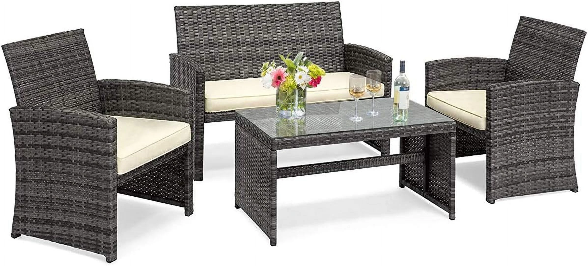 4 PC Rattan Sofa Chair And Table Set, Wicker Patio Conversation Set With Cushioned Chairs And Table