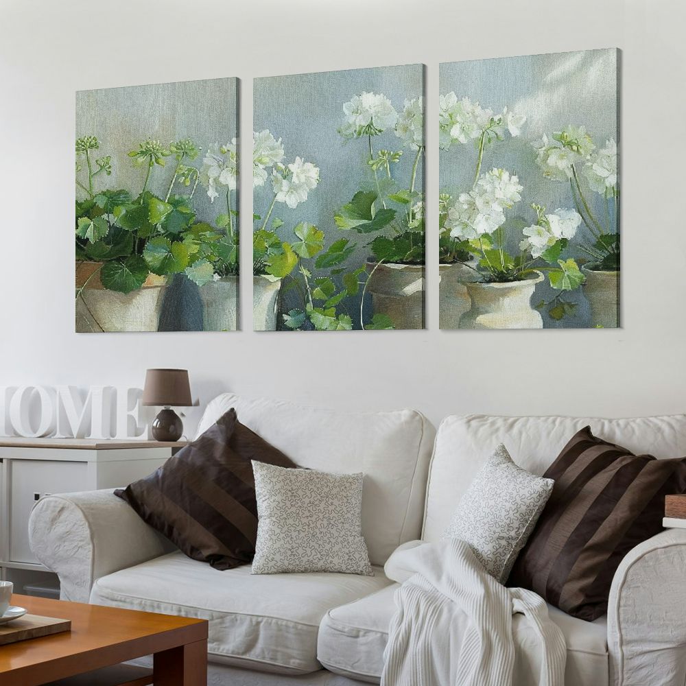 nygtbtfer Flowers Wall Art Canvas White Geraniums Art Floral Picture Green Plants in Pots Graceful Flowers Canvas Wall Art for Home Living Room Bedroom 12x16x3pcs