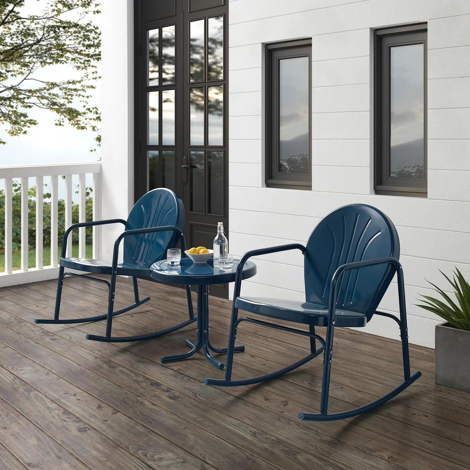 HomeStock Artisanal Artistry 3Pc Outdoor Metal Rocking Chair Set Navy Gloss - Side Table & 2 Rocking Chairs