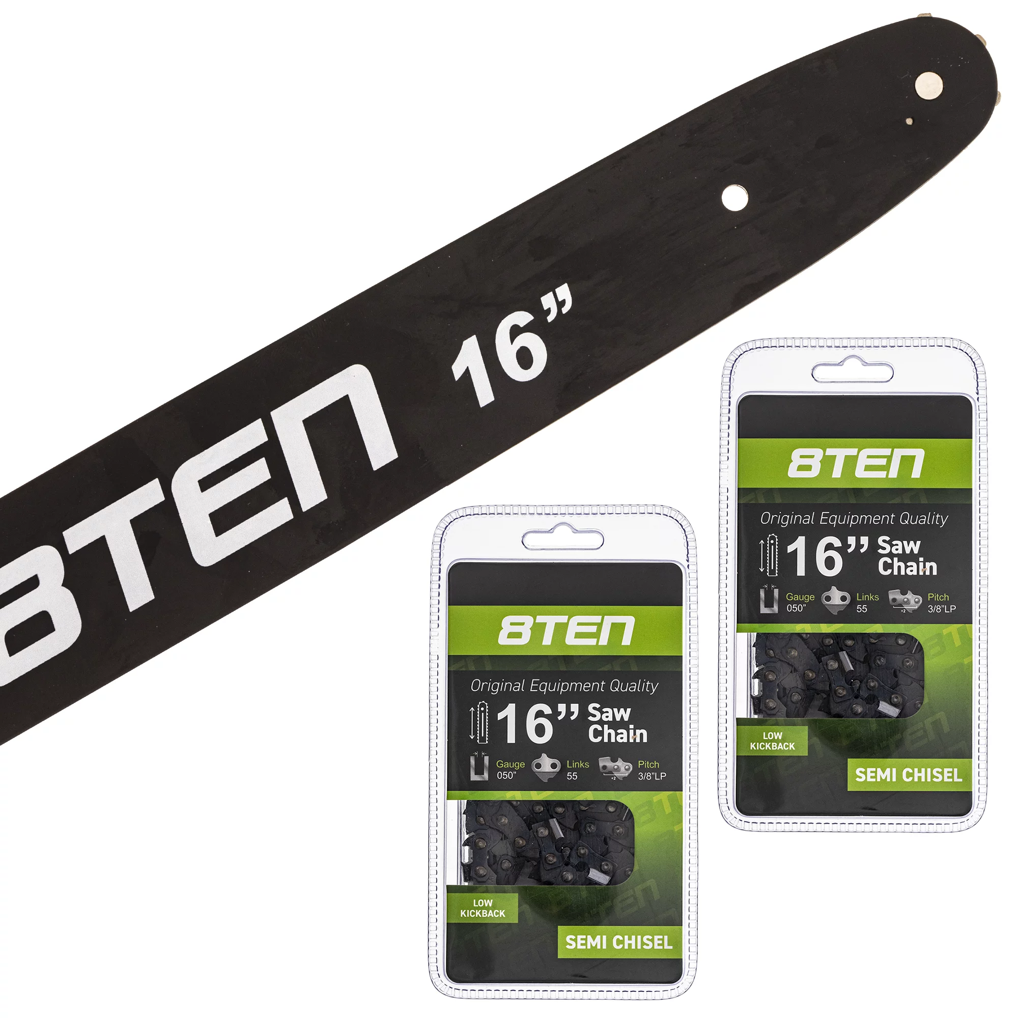 8TEN Chainsaw Bar and 2 Semi-Chisel Chains 16 inch 55DL for Stihl MS 100 MK1002921