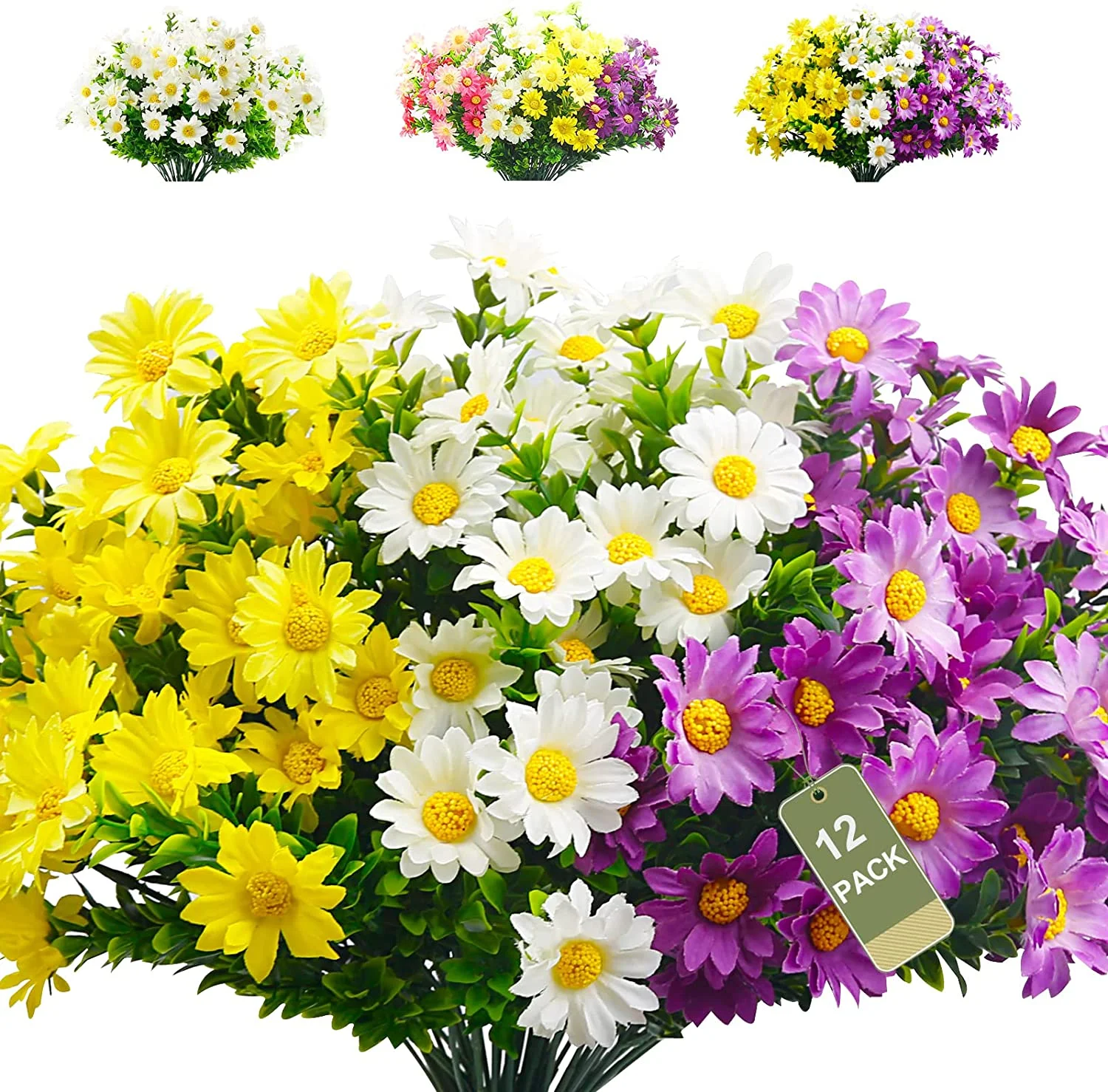 Morttic 12 Bundles Artificial Daisies Flowers Outdoor Fake Plants White Gerber Daisy Fake Foliage Greenery Faux Plants for Graves Hanging Outside Planter Window Box Wedding Decoration
