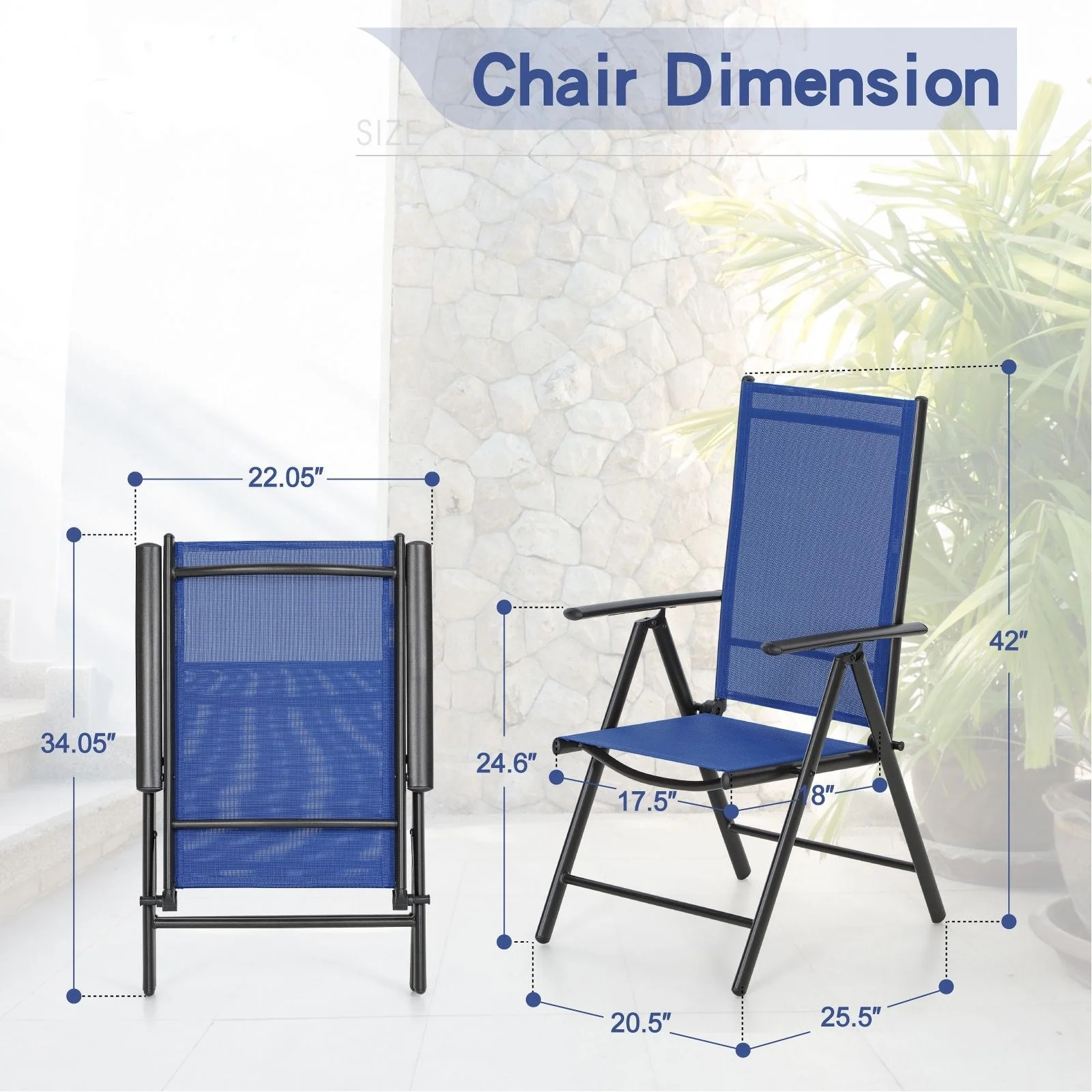 Outdoor 7-Pieces Dining Set, 6 x Reclining Folding Sling Dining Chairs and 1 Patio Dining Table Blue