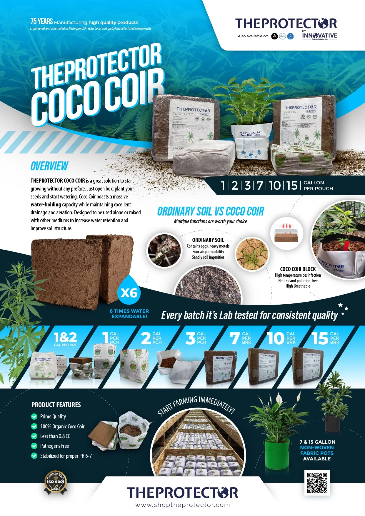 COCO COIR 7 GAL. NAKED BLOCK / COMPRESSED COCO COIR, GROW MEDIA, Fabric pot included (Gift)