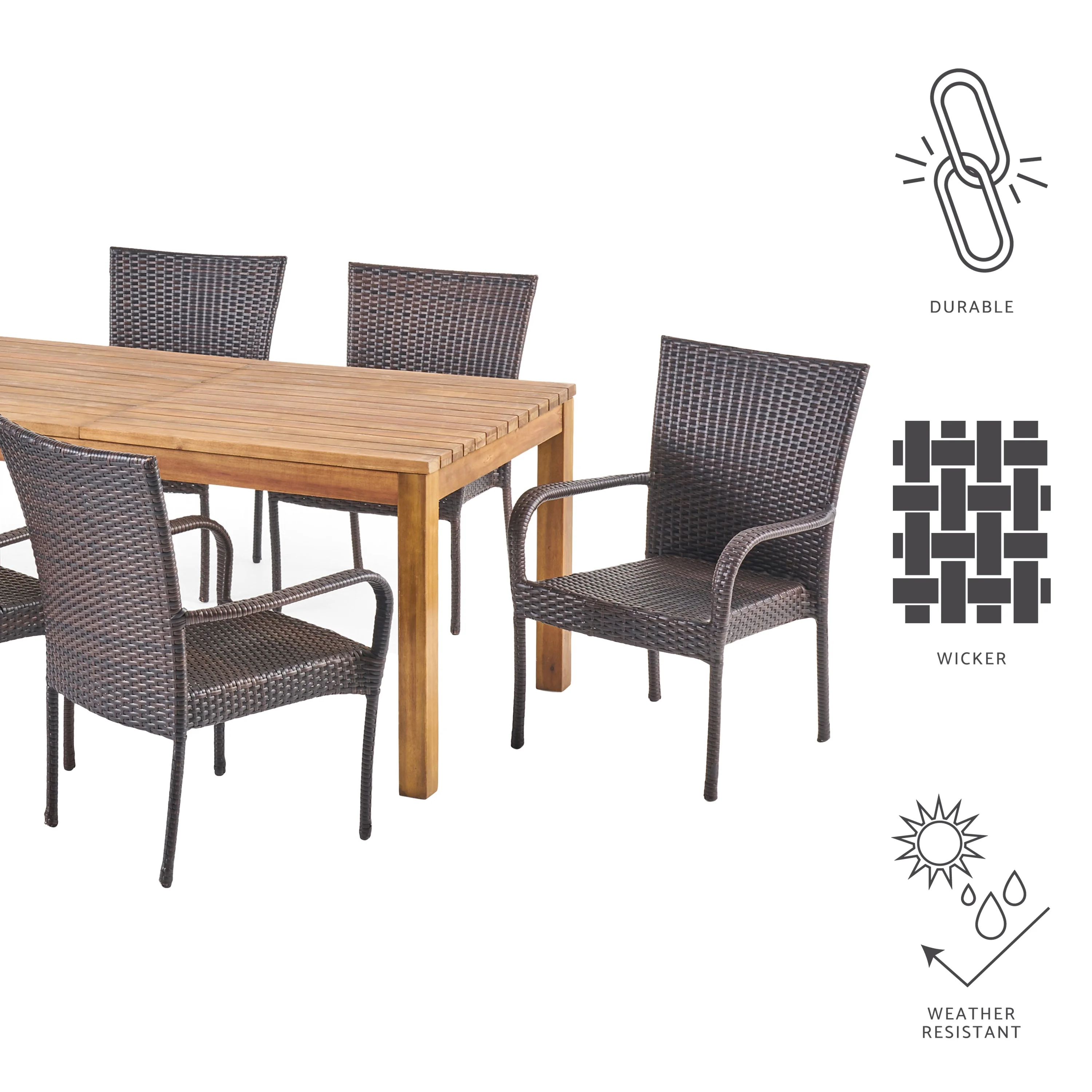 GDF Studio Georgina Outdoor Wicker and Acacia Wood 7 Piece Expandable Dining Set, Teak and Multibrown