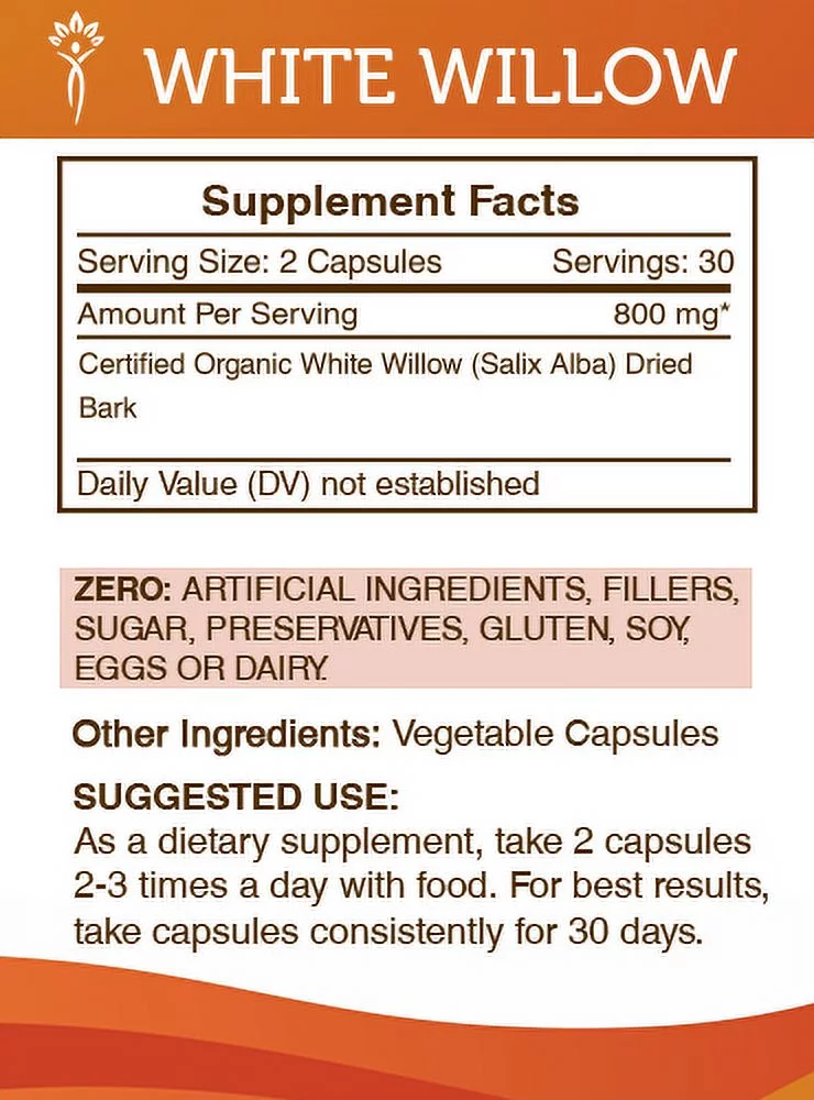 Secrets of the Tribe White Willow 60 Capsules, Organic White Willow for Easing Headaches 400 mg