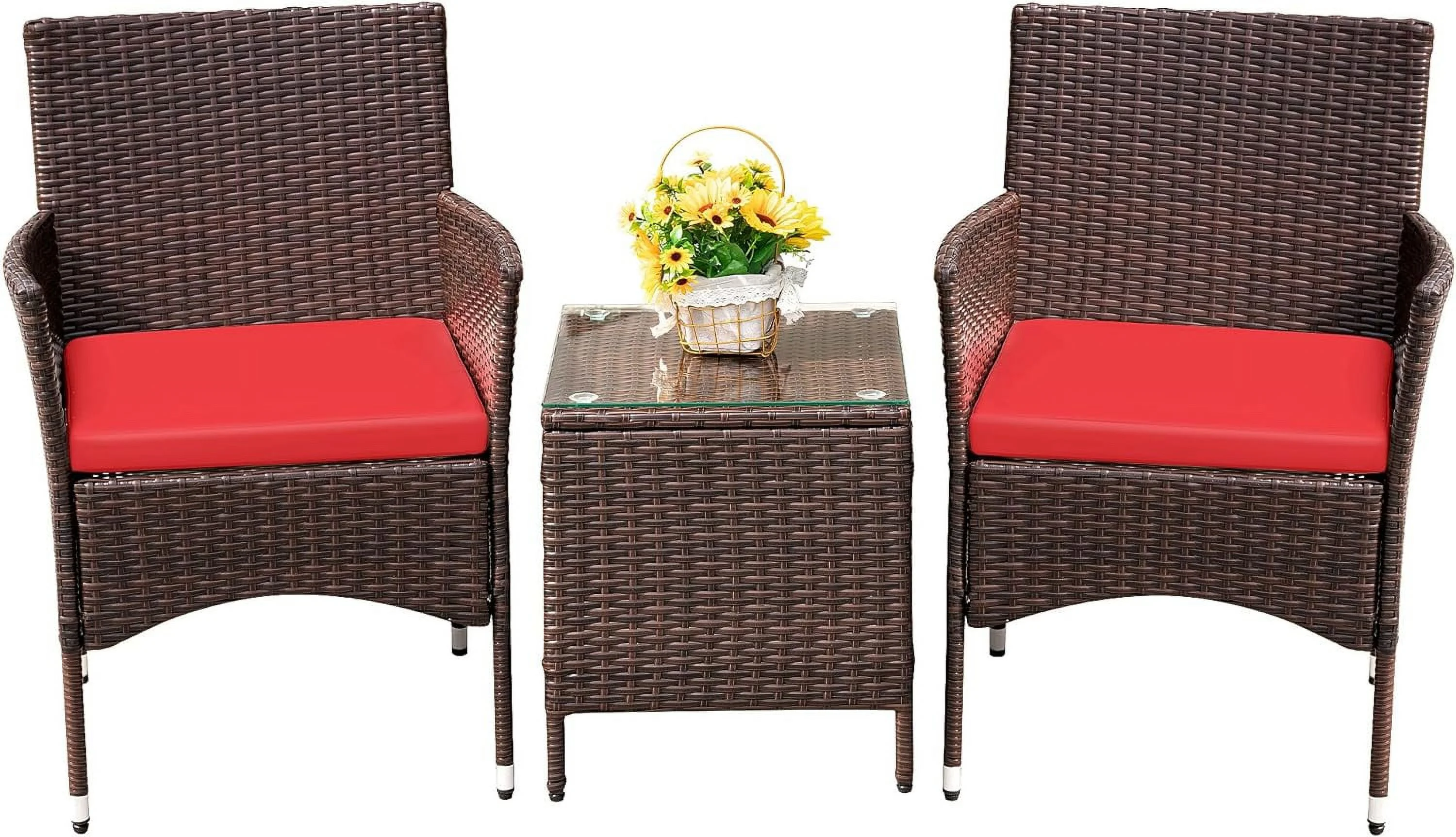 Patio Porch Furniture Sets 3 Pieces PE Rattan Wicker Chairs with Table Outdoor Garden Furniture Sets (Brown/Red)