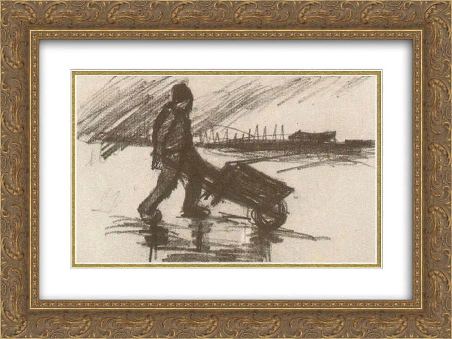 Vincent van Gogh 2x Matted 24x18 Gold Ornate Framed Art Print 'Peasant, Walking with a Wheelbarrow'