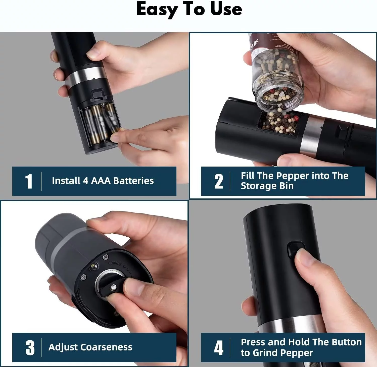 Jsbaby Electric Pepper Grinder and Salt Grinder Pepper Mills with Automatically LED Light, Easy to adjust Coarseness Salt Grinder, Battery Operated and One Hand Operation, Black