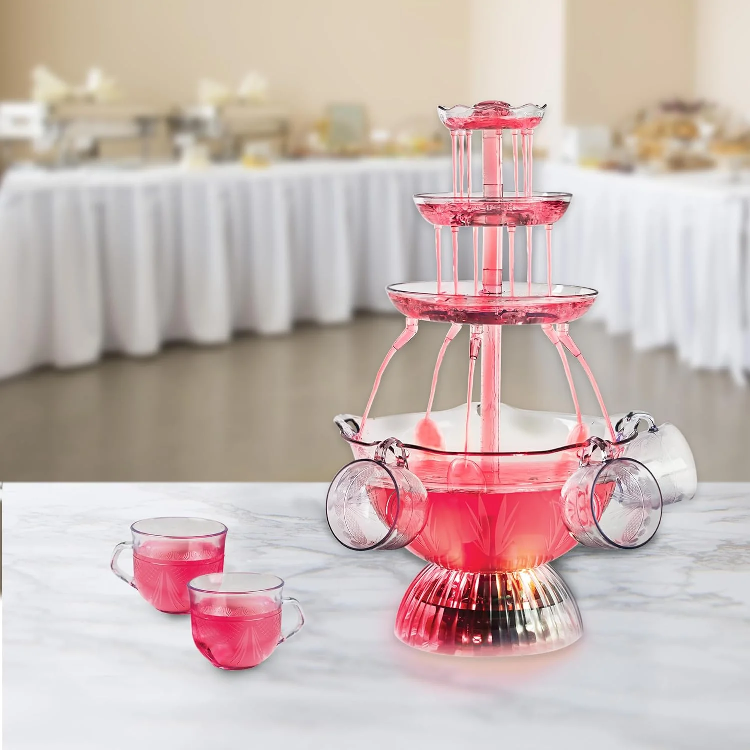 Nostalgia 3-Tier Party Fountain, Holds 1.5 Gallons, LED Lighted Base, Includes 8 Reusable Cups, 1.5 Gallon, Clear