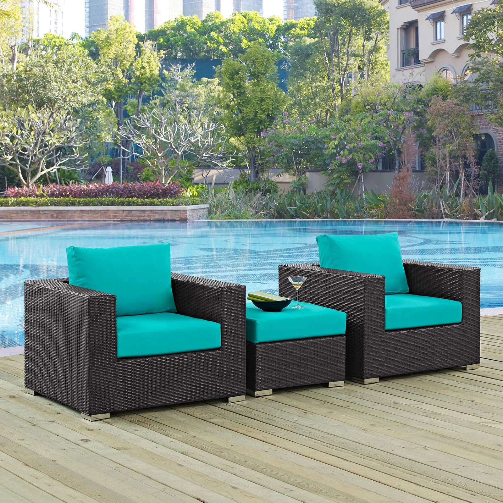 Modern Contemporary Urban Design Outdoor Patio Balcony Three PCS Sofa Set, Blue, Rattan
