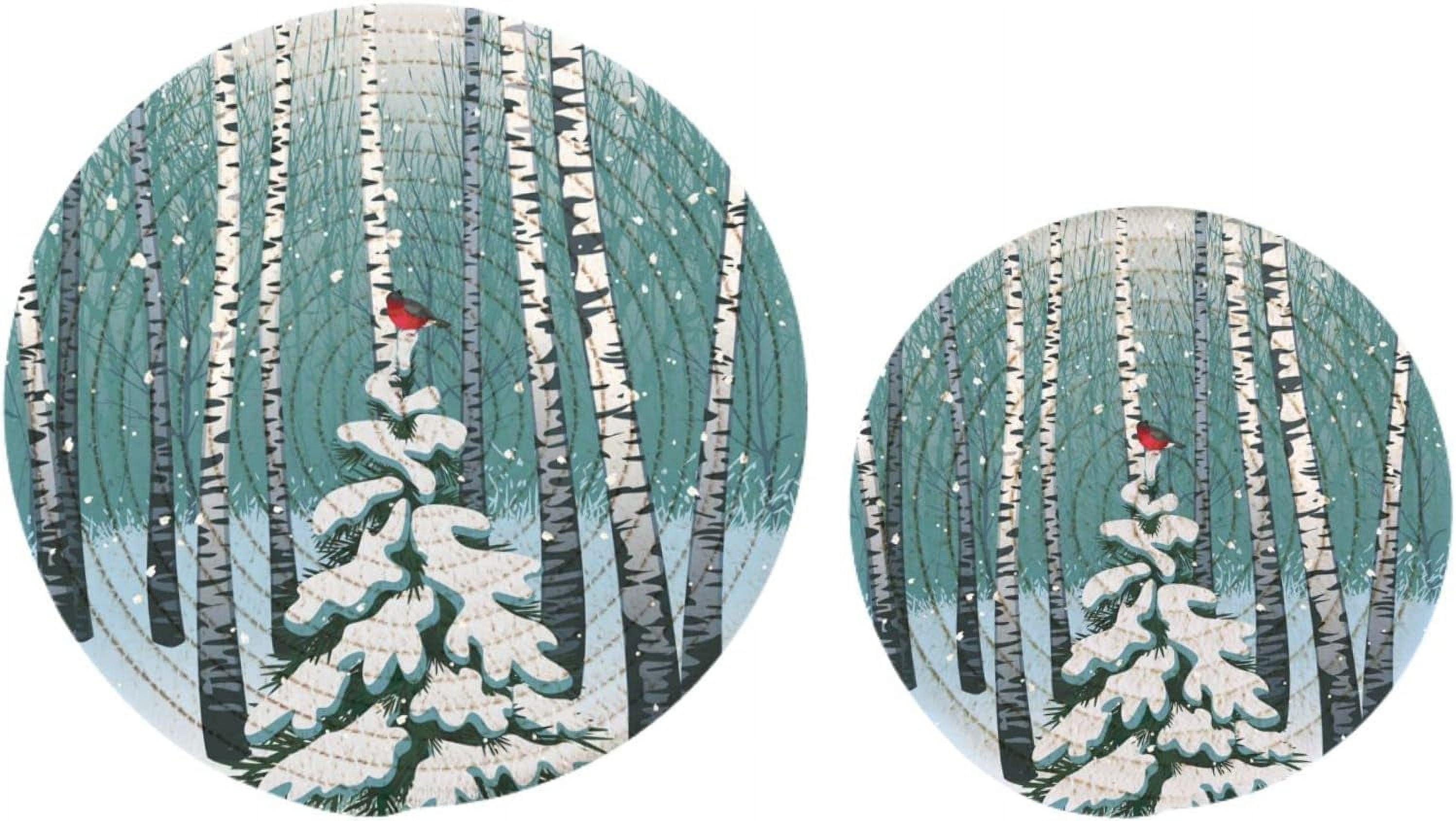 FREEAMG 2 Pack Snow Winter Forest Birches Bird Cotton Woven Pot Holders Trivets Set, 7 inch and 9 inch Diameter,Heat Resistant Pad Mat for Kitchen Decor Cooking Supplies