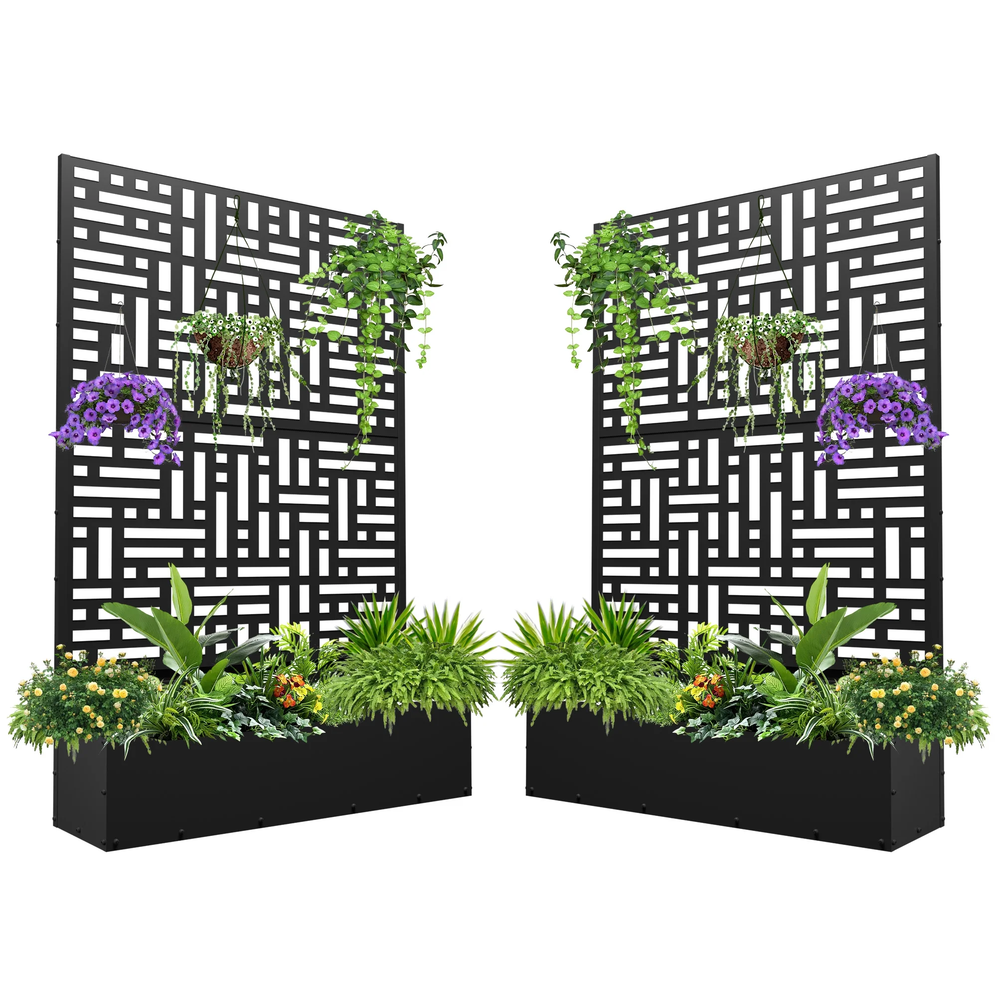 FOOWIN 71'' H Metal Planter with Trellis, Outdoor Raised Garden Bed for Climbing Plants, Trellis Planter Box with Drainage Hole, Black, 2PCS