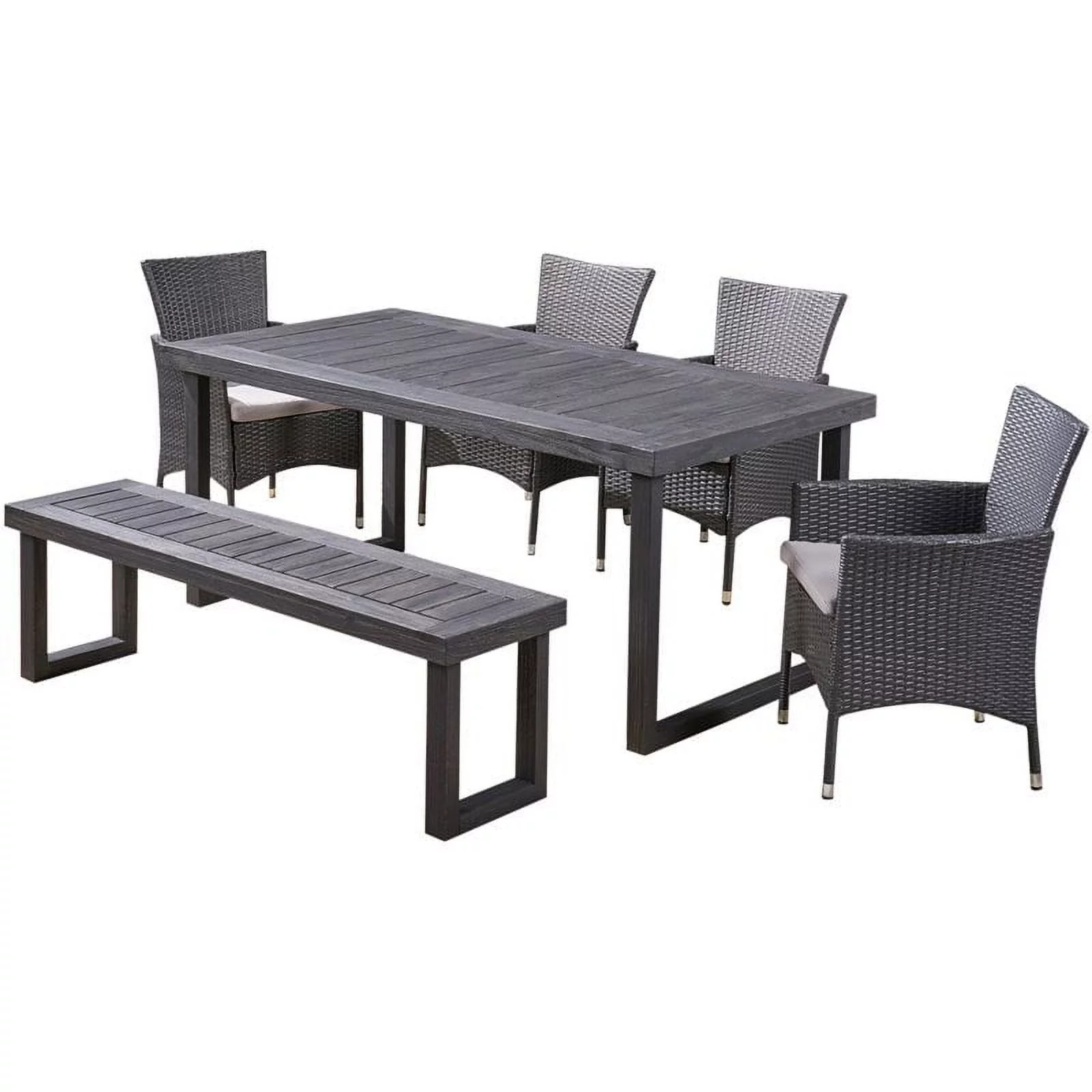 Jack Outdoor 6 Piece Acacia Wood Dining Set with Bench and Wicker Chairs, Sandblast Dark Grey, Gray, Silver