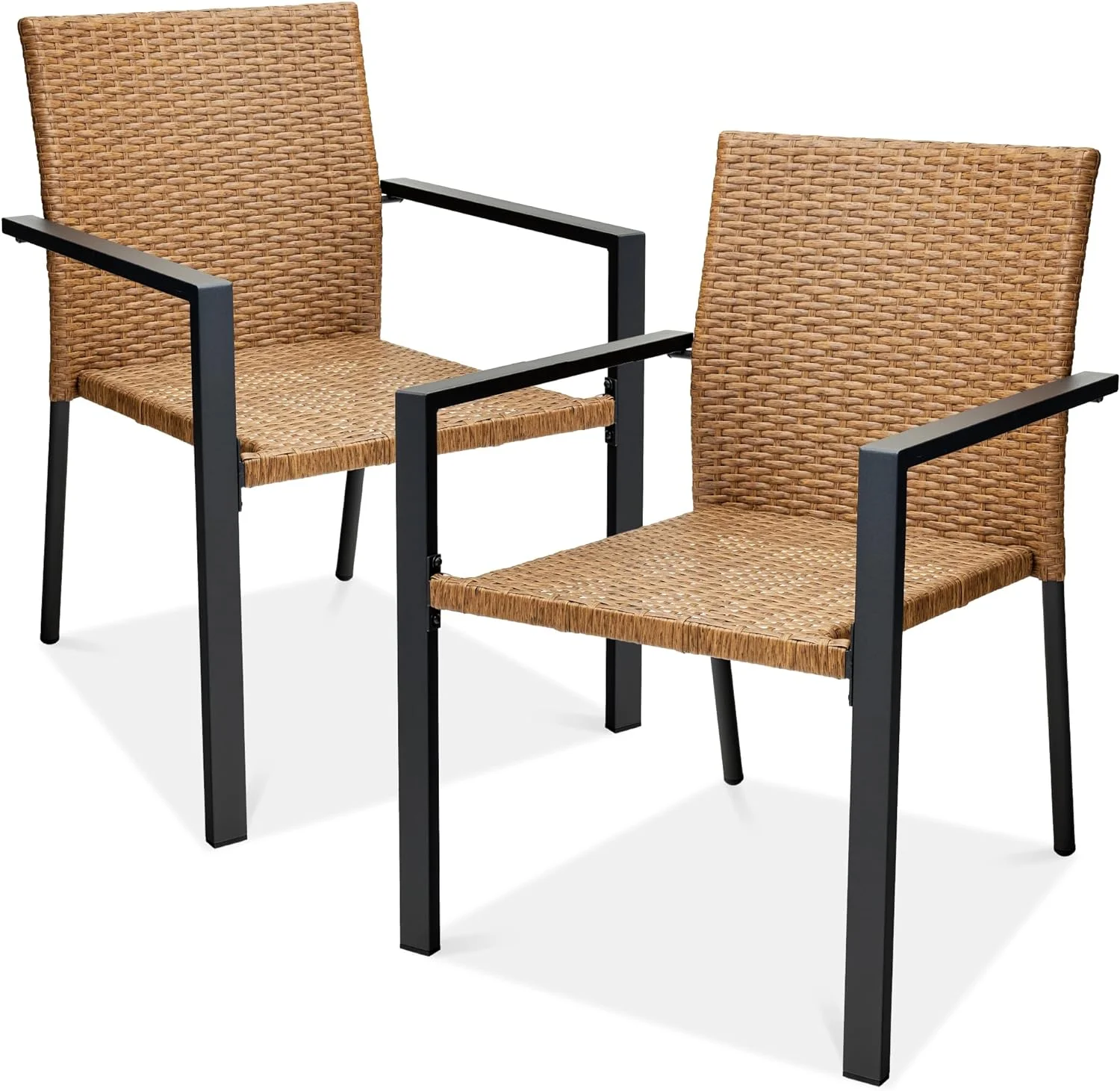 Set of 2 Stackable Outdoor Wicker Dining Chairs All-Weather Firepit Armchair w/Armrests, Steel Frame for Patio, Deck, Garden, Yard - Natural