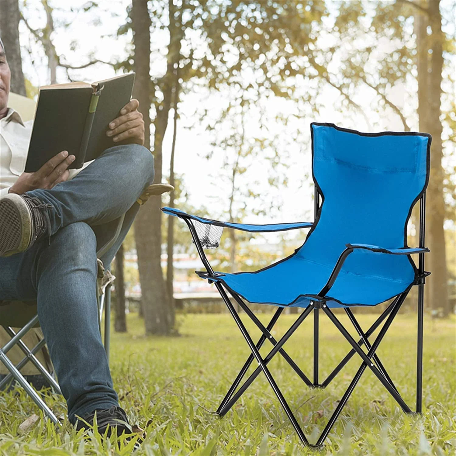 Portable Folding Camping Chair with Arm Rest Cup Holder and Carrying and Storage Bag (Blue)