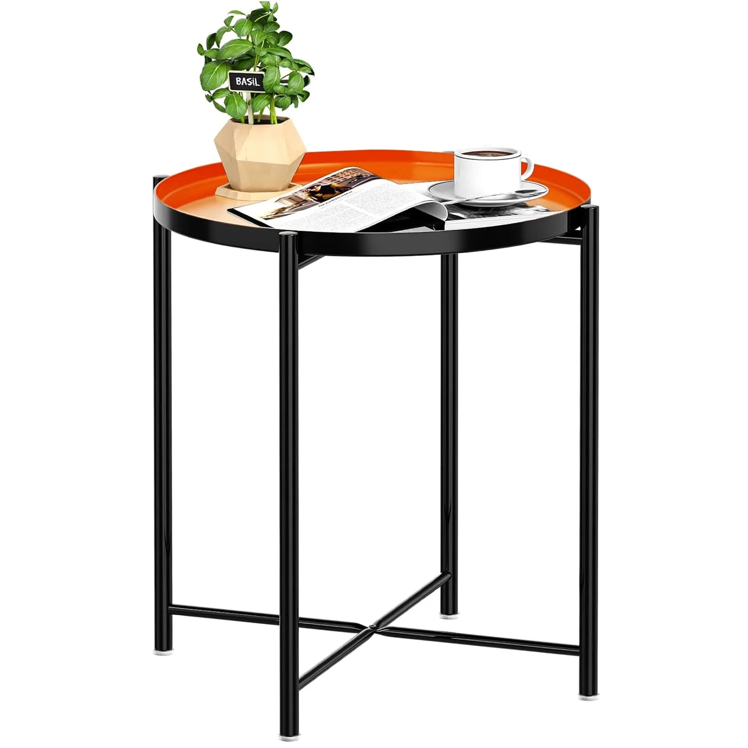 Cerbior Metal Tray End Table, Round Accent Coffee Side Table, Anti-Rust and Waterproof Outdoor Small Sofa Table Bedside Table for Living Room Bedroom Balcony (Orange mix Black)