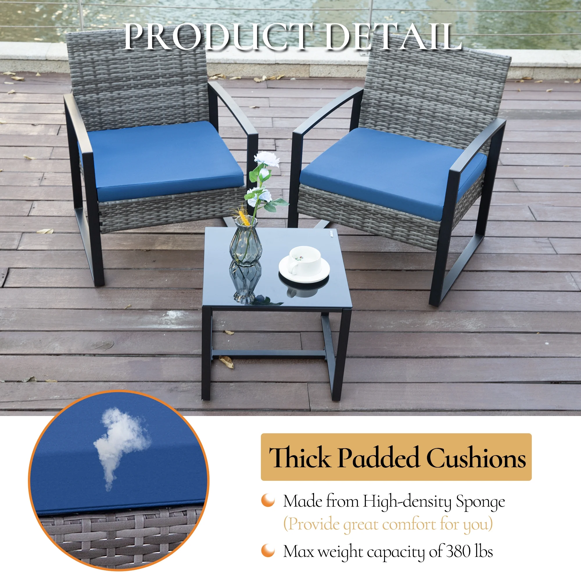 3 Piece Patio Set Chairs Bistro Set Rattan Conversation Set