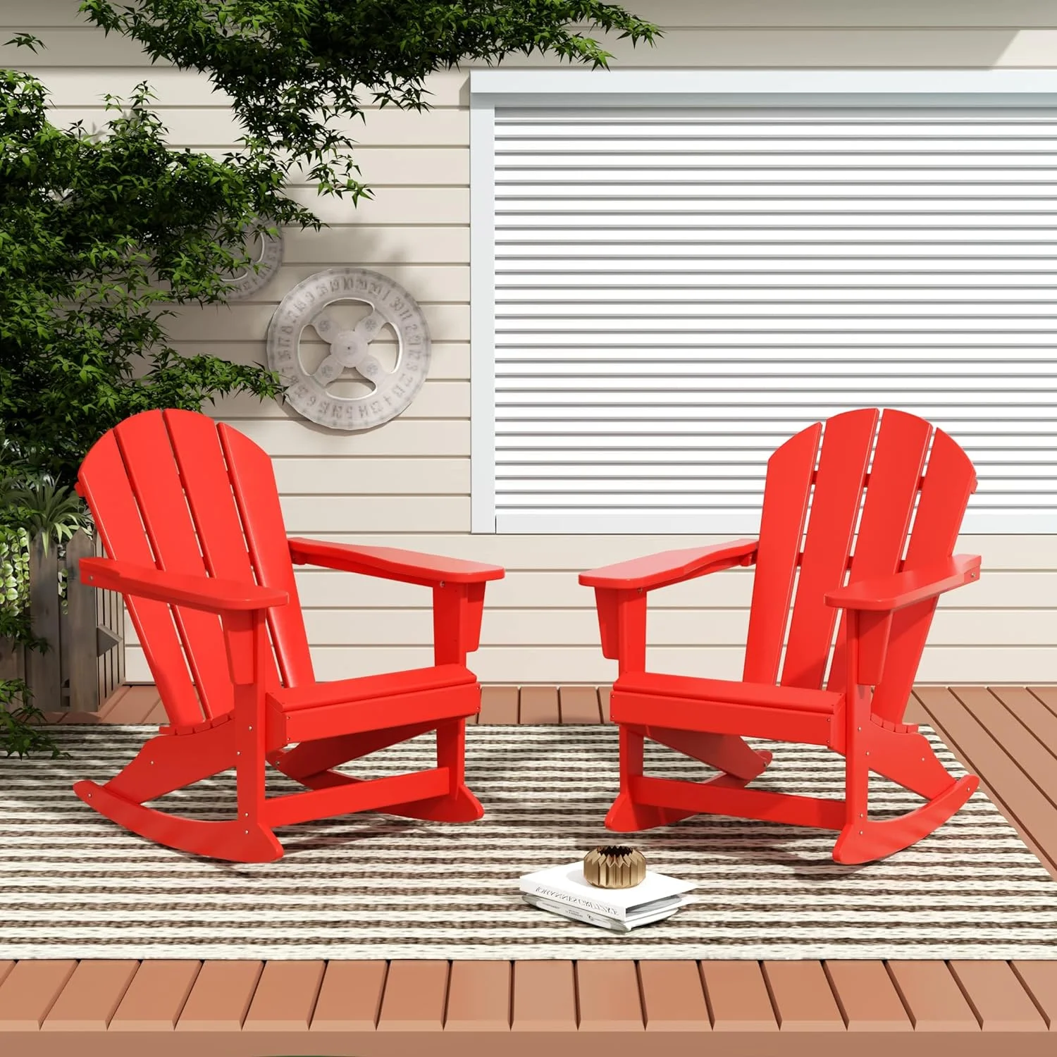 Home Furniture Patio Rocking Chair 2PCS  HDPE Adirondack Rocker Chair For Lawn Garden Porch (Red)