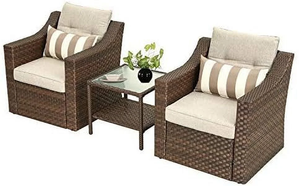 HBLUKDL 3-Piece Patio  Brown Rattan Outdoor   Patio Chairs with Glass-Top Coffee  & Seat Cushions  for Garden  Front Porch  Balcony
