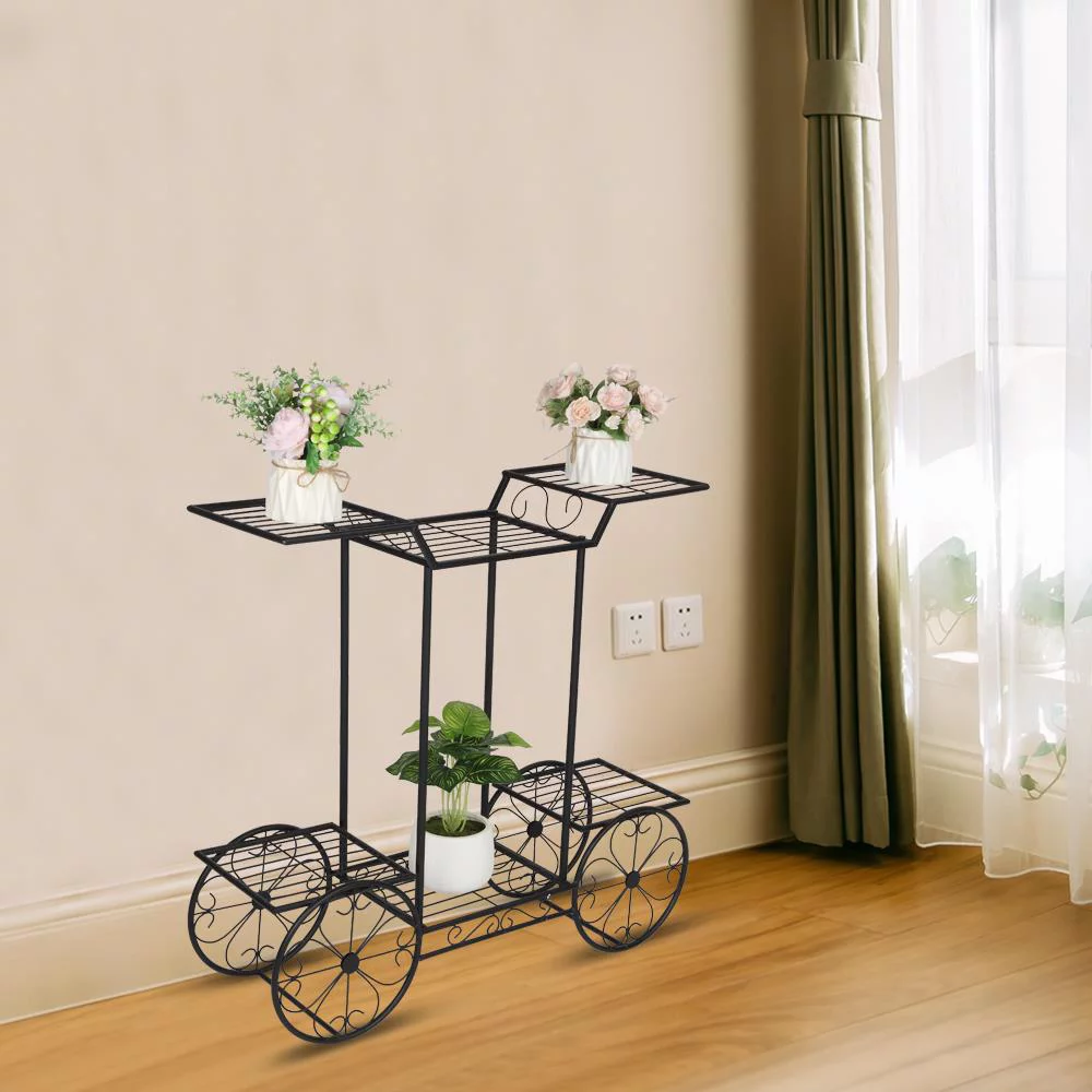 SalonMore 6-Tier Cart Shape Metal Flower Pot Rack Plant Display Stand Shelf Holder Decor Black