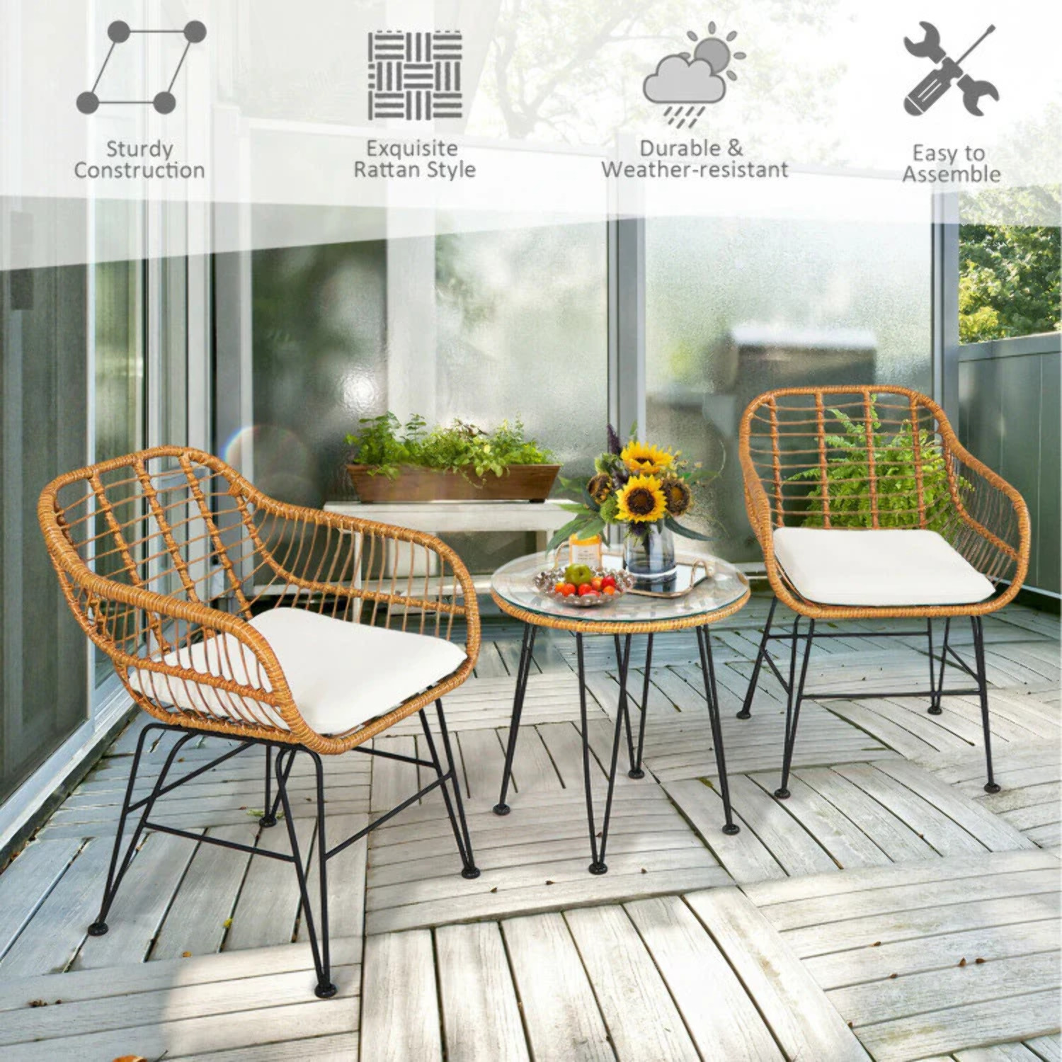 3 Piece Rattan Patio Chair and Table Set