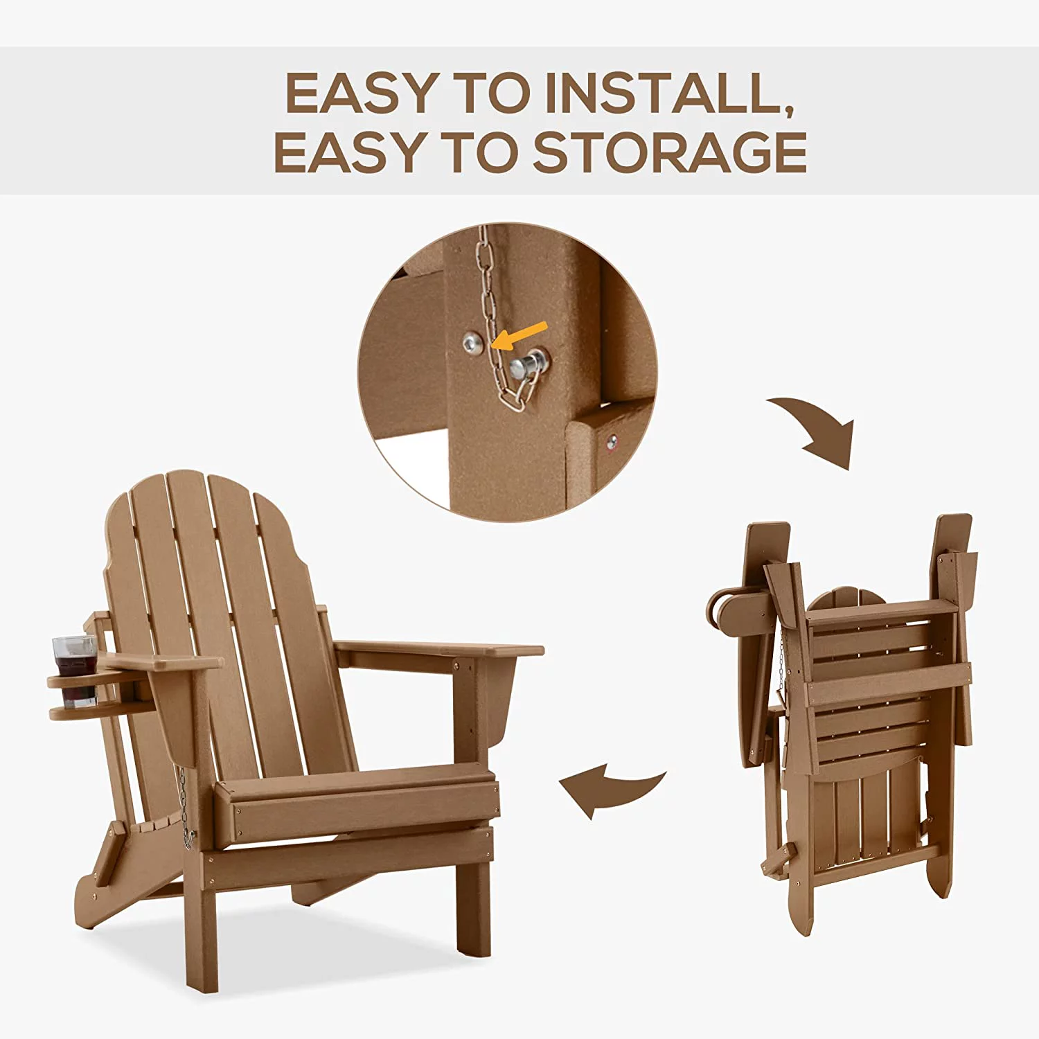 Erommy HDPE Folding Adirondack Chair with Cup, Chocolate