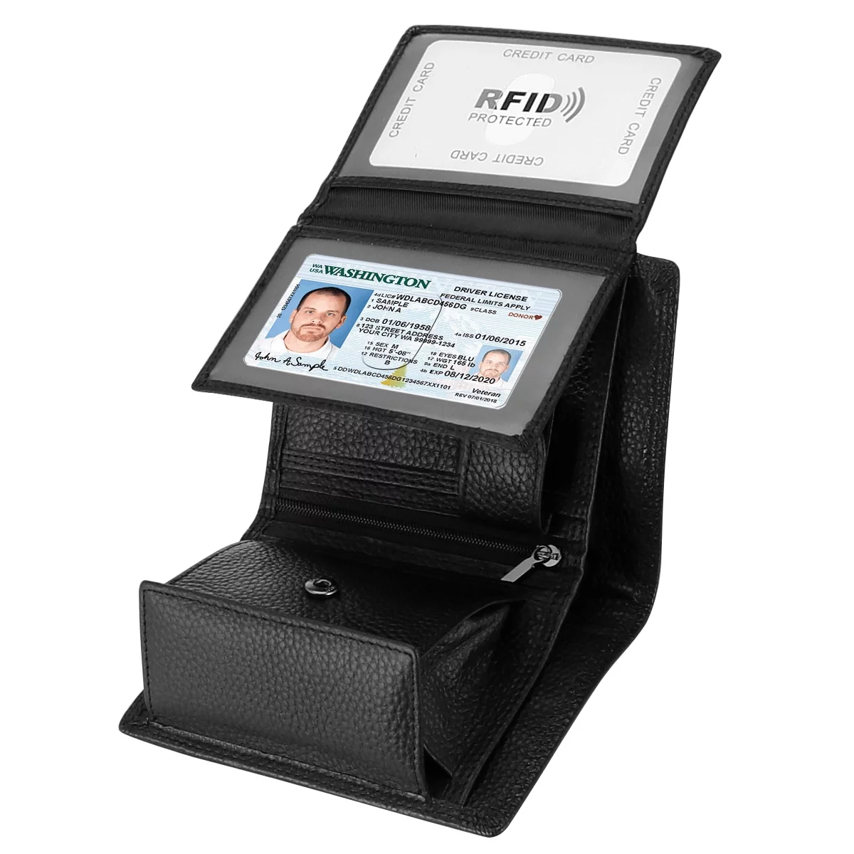 HAWEE Trifold Billfold RFID Blocking Cowhide Leather Wallet for Men 10 Card Slots 2 ID Windows with Coin Pocket, Black Lichi Grain