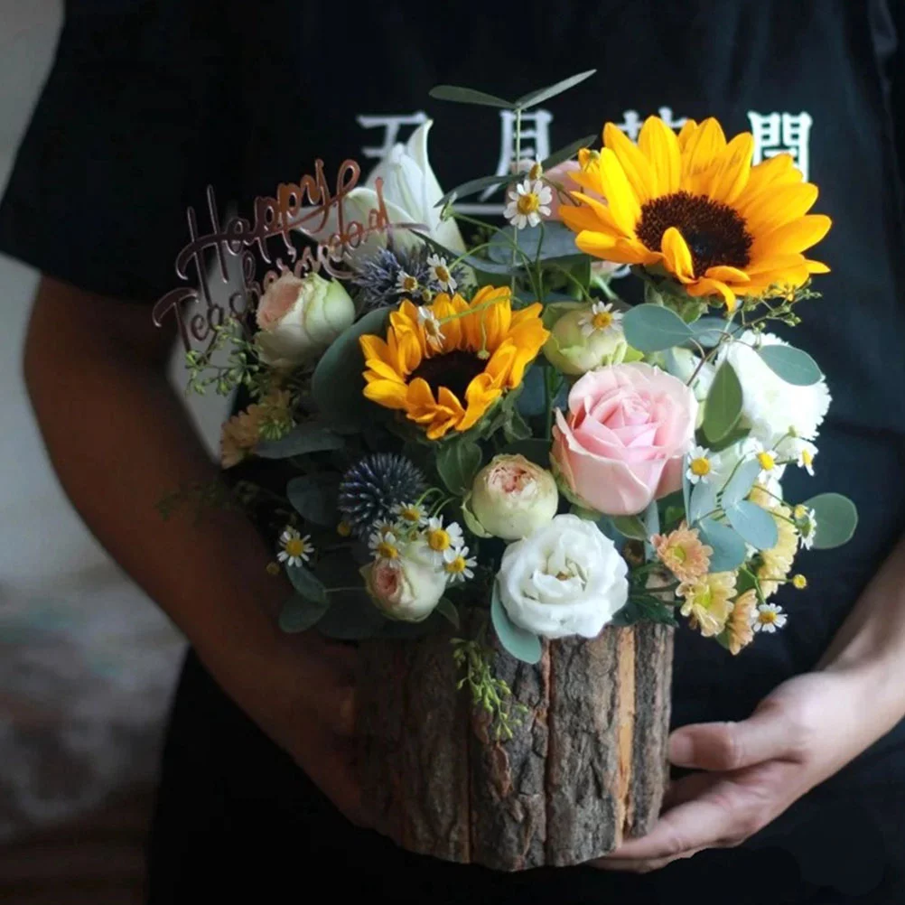 Qumonin Wood Bark Flower Pot Rustic Succulent Planter 12CM Wooden Barrel Planters